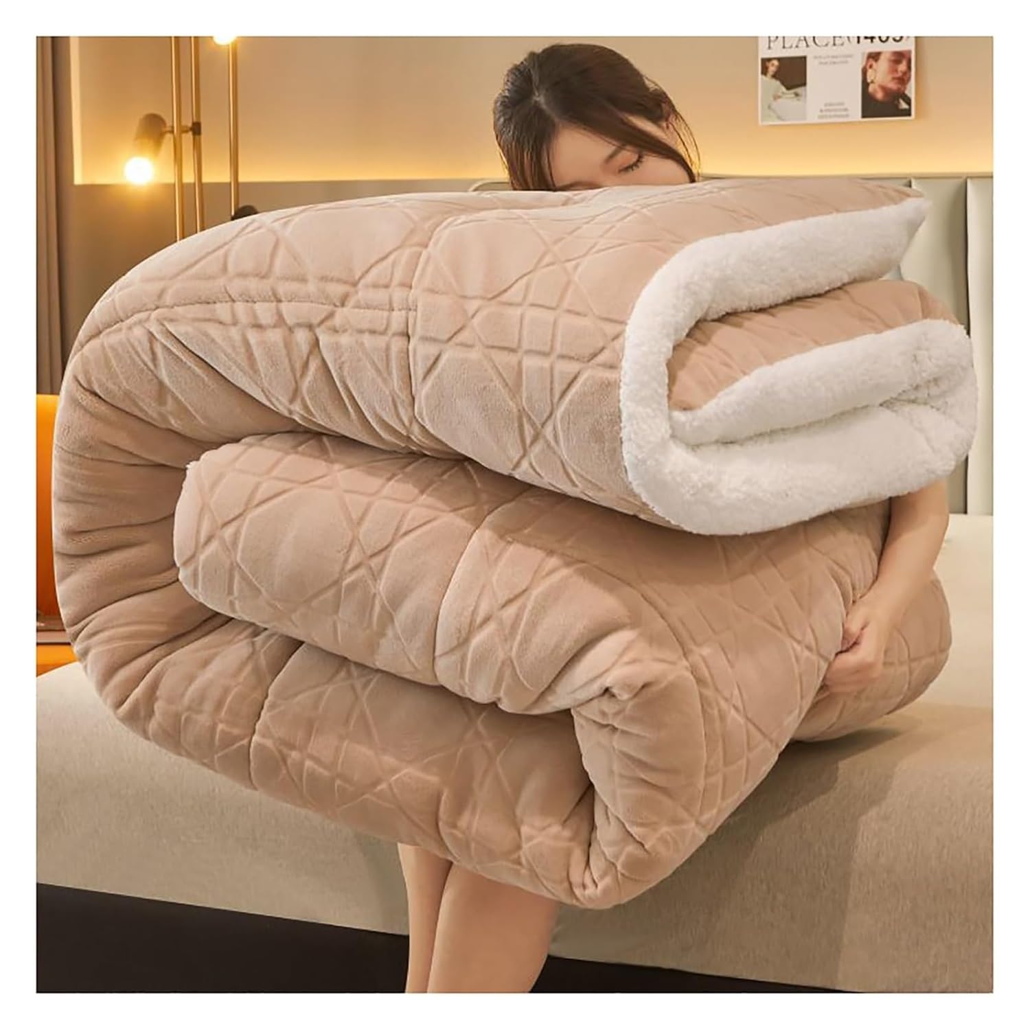 Thickened Double Comforter Winter Coverless Duvet | Soft Fluffy Lamb Fleece Quilt | Beige | Warm Gift Quilt | Double Sided | Soft and Comfortable