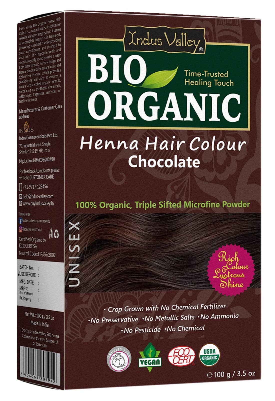 Henna Hair Dye Colour Chocolate 100% Pure Organic Chemical Free
