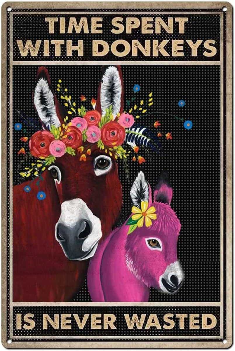 Farm Donkeys Time with Donkeys is Never Wasted Vintage Wall Decor Gift for Her, Vintage Metal Tin Sign, Wall Decor for Bar, Home Beer 12x8inch