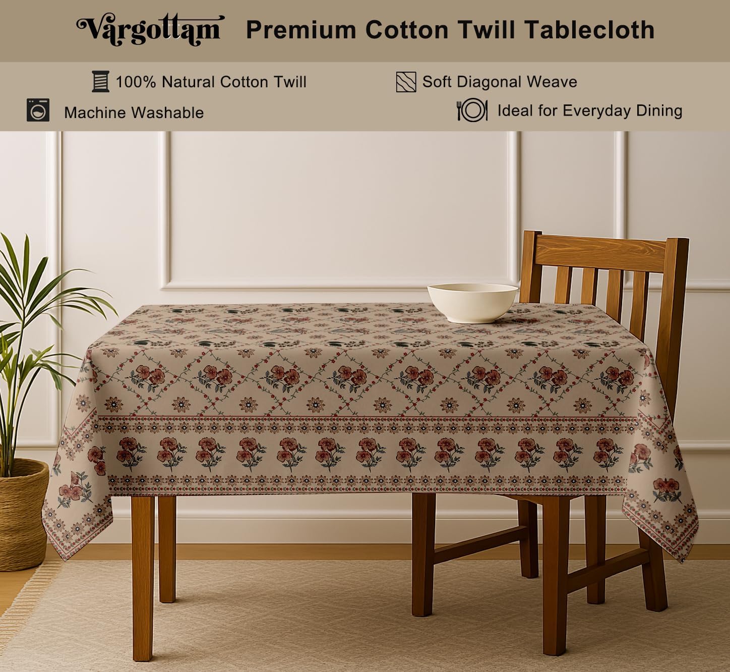 Floral Design Tablecloth- Beige 60x60 Inch Cotton Twill Dining Table Cover, Perfect for 4 Seater Tables, Durable, Protective & Washable, Ideal for Everyday Use, Festive Occasions & Gathering