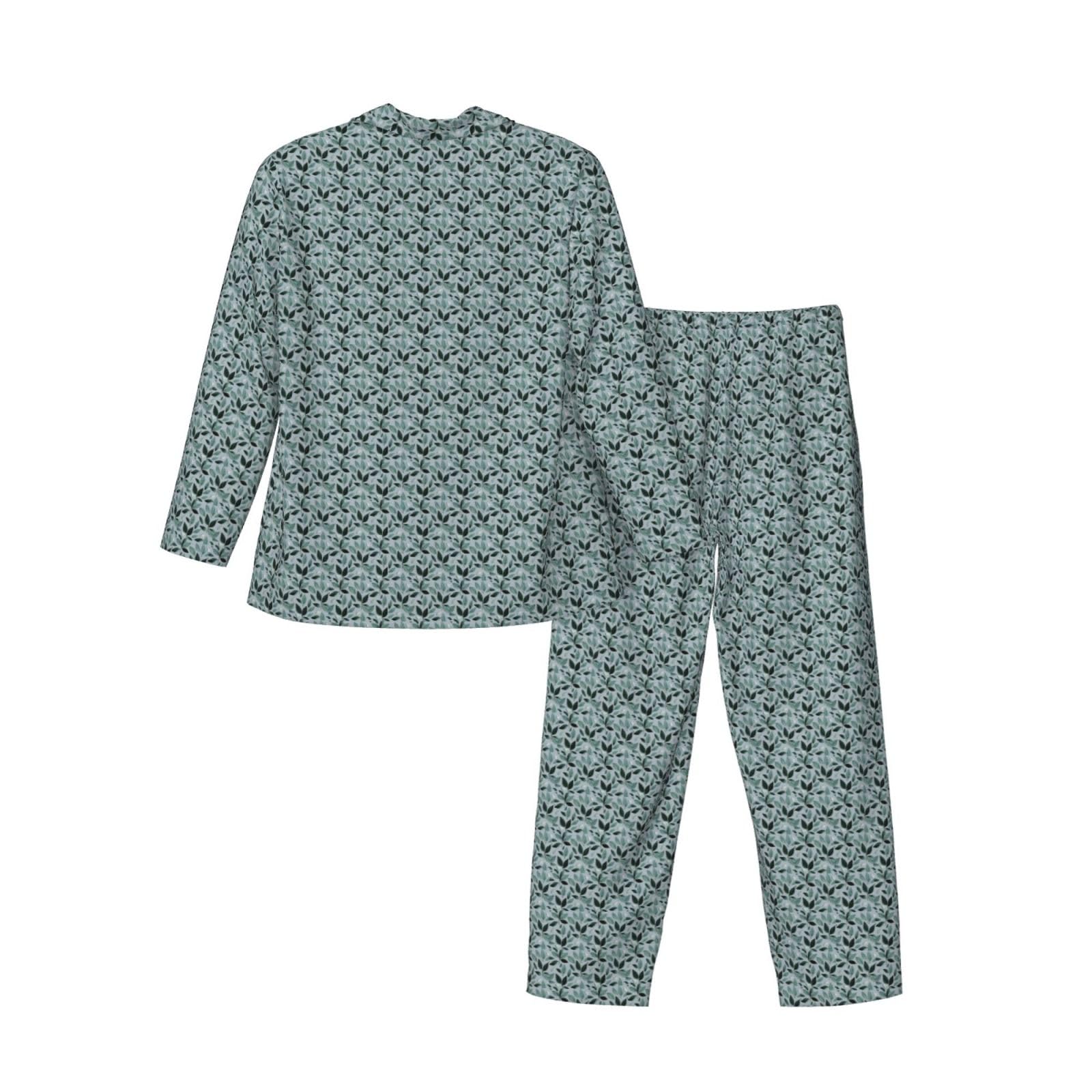 Herren-Pyjama-Set, langärmelig, Blattmuster, 2-teilig, für Zuhause, bequeme Nachtwäsche, Minzgrau
