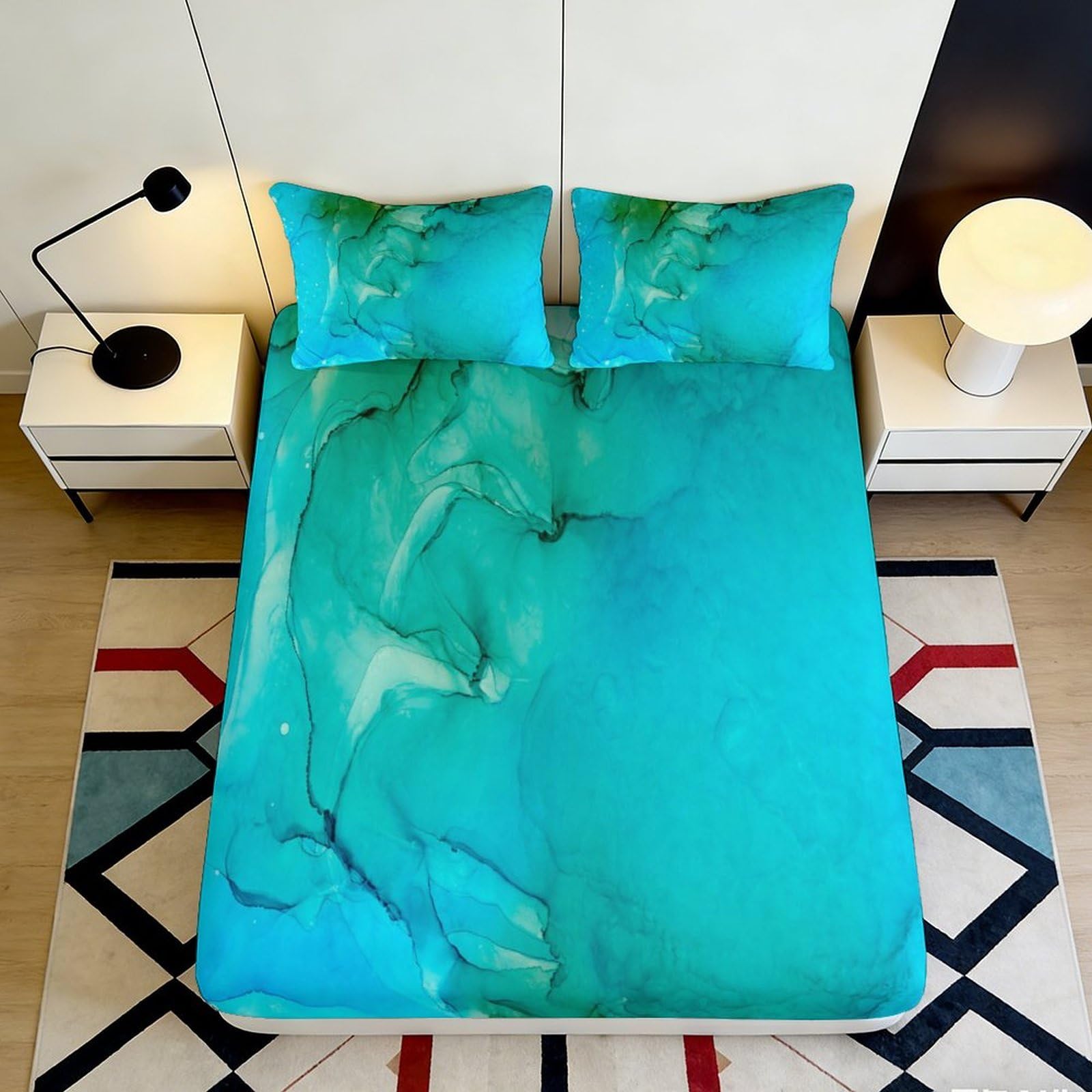 3D Printed Ocean Marble Fitted Sheet Microfiber Soft Breathable Aqua Abstract Bed Cover for Bedroom Guest Room Decor 90x200x25cm