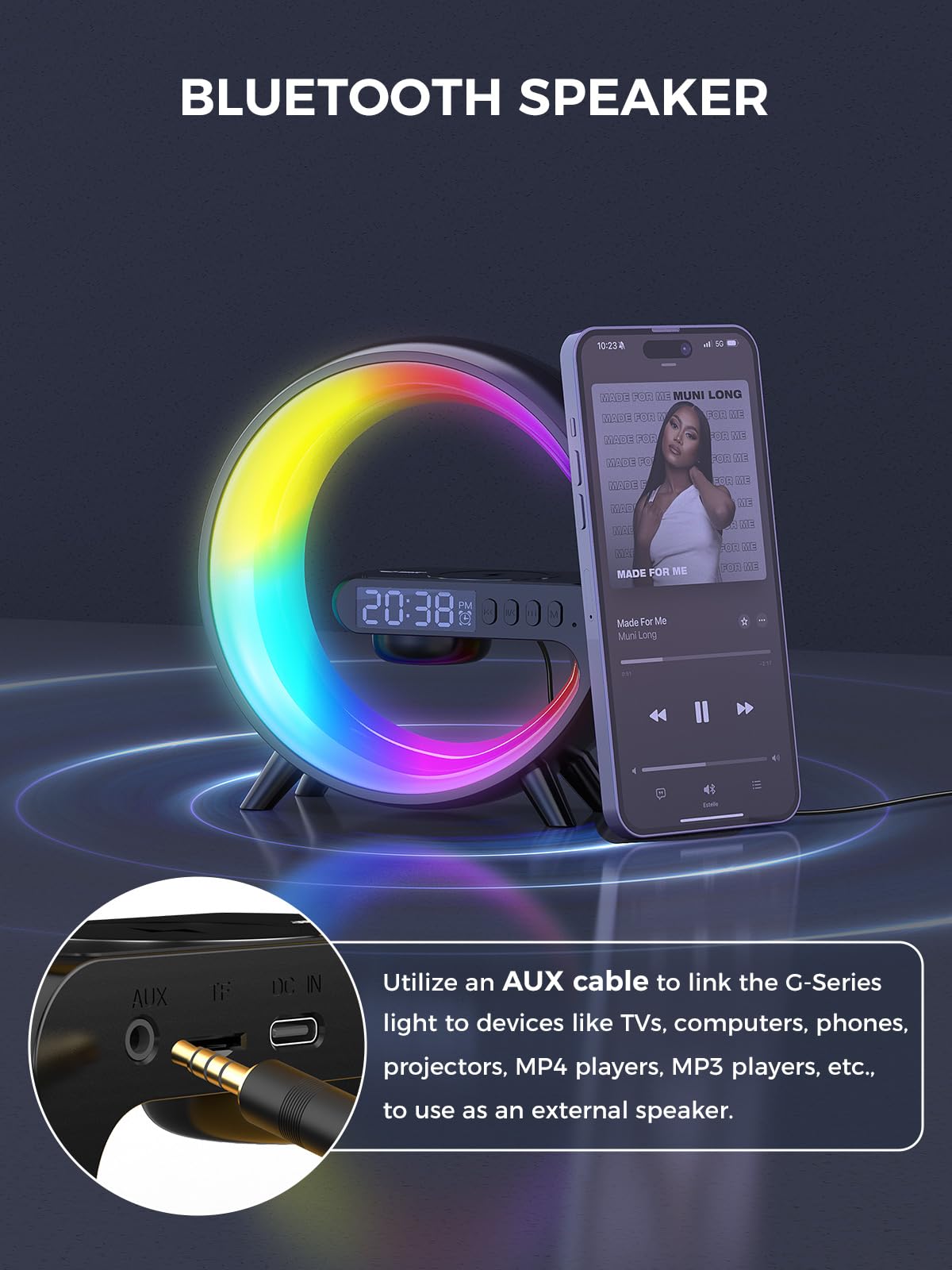 Smiling Shark Intelligente Lampe Ambiance, Lampes de Réveil Lumière avec Charge Sans Fil & Haut-Parleur Bluetooth Simulateur D'aube Bouton Contrôle 10 Mode Lumière Lampe de Reveil pour Chambre Salon