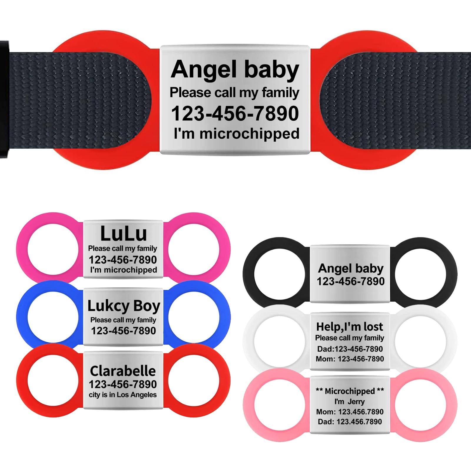 Silent Slide On Dog Cat ID Tags, Personalized Laser Engraved On Collar, Elastic Silicone Band and Stainless Steel Name Plate (Red, Medium)