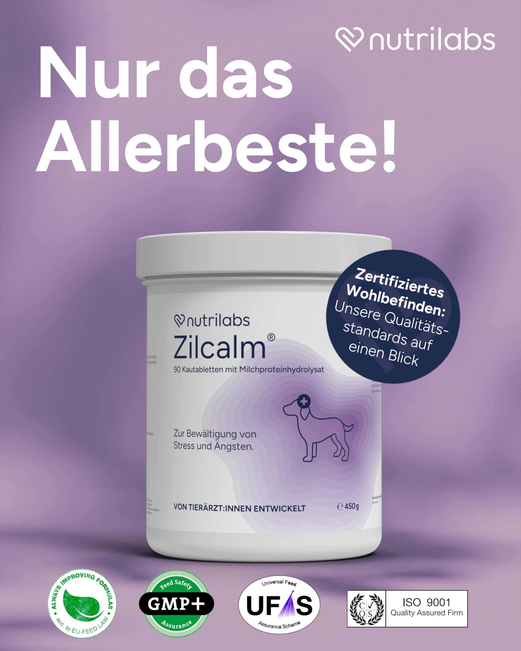 NutriLabs Zilcalm Beruhigungstabletten für Hunde - 90 STK. - mit Milchprotein, Ashwagandha, Probiotika, L-Tryptophan UVM. - Beruhigungsprodukte für Hunde - Nahrungsergänzungsmittel Hund