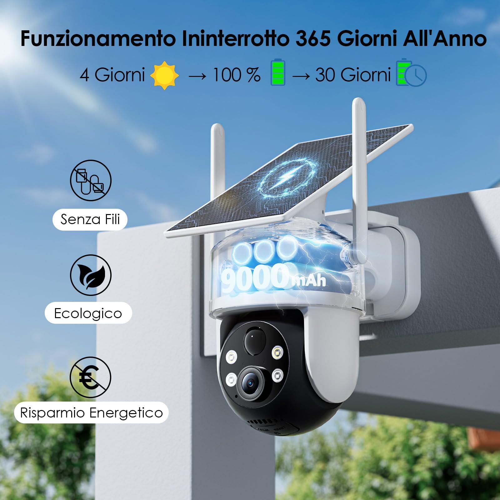 CZEview 4K UHD Telecamera Wi-Fi Esterno Solare Senza Fili a Batteria, 360° PTZ, Videocamera Sorveglianza con Pannello Solare, Rilevazione di Movimento PIR con Allarme, IP65 (4K 8MP)
