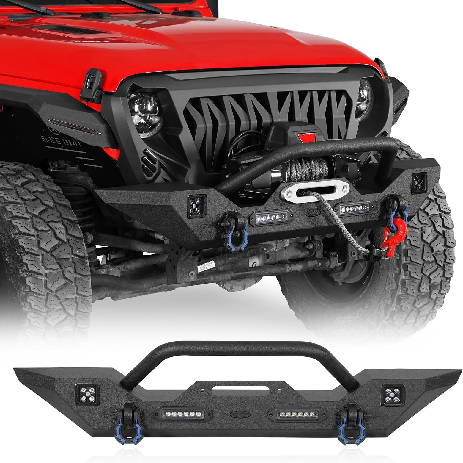 Hooke Road Sturdy Front Bumper for Jeep Gladiator JT (2020-2026) & Wrangler JK JL (2007-2026), Offroad Steel Bumper with Bright Lights D-rings and Built-in Winch Plate