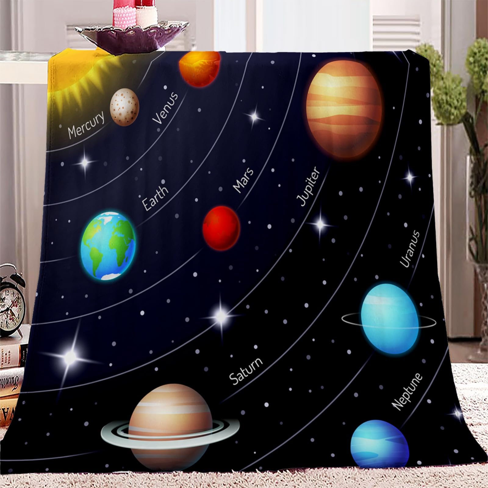 Cozyrest Solar System Colorful Universe Planets 4 Ultra Soft Flannel Fleece Blanket 130X150 Cm, Solar System Colorful Universe Planets Fluffy Warm And Cozy Washable Bed Blanket Sherpa Throw Blanket For Bed Sofa Settee Couch And All Seasons