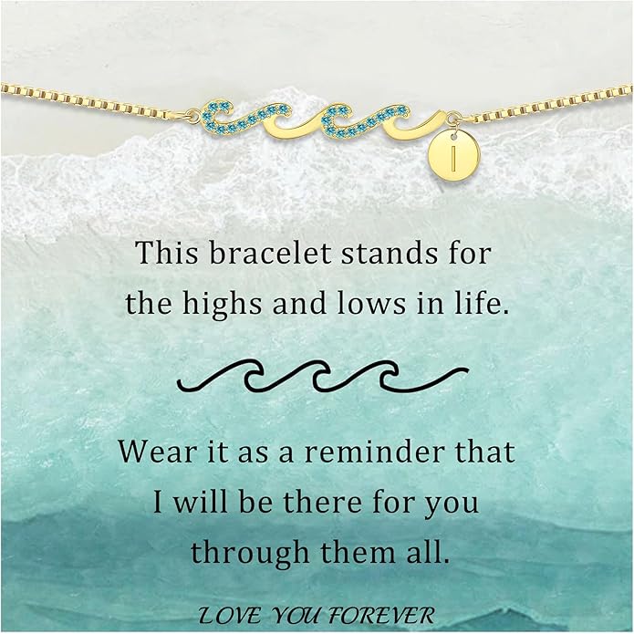 Dainty Gold Bracelet with Initials, Gifts for Women Initial Bracelets for Women Mom Gift Teen Gifts Trendy Stuff Wave Bracelet Grandma Graduation Gifts for Her 2025 Daughter Friend Letter A-Z Birthday Christmas Jewelry