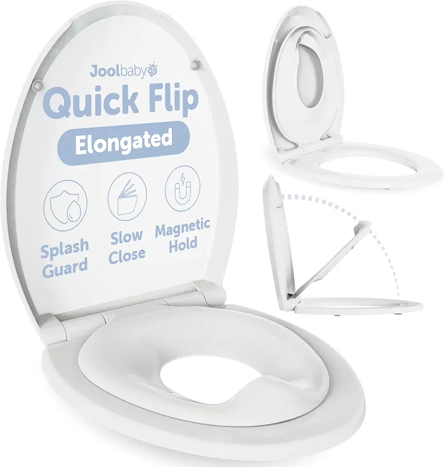 Quick Flip Elongated Toilet Seat with Built-In Potty & Splash Guard for Toddler Training, Slow Close - Jool Baby