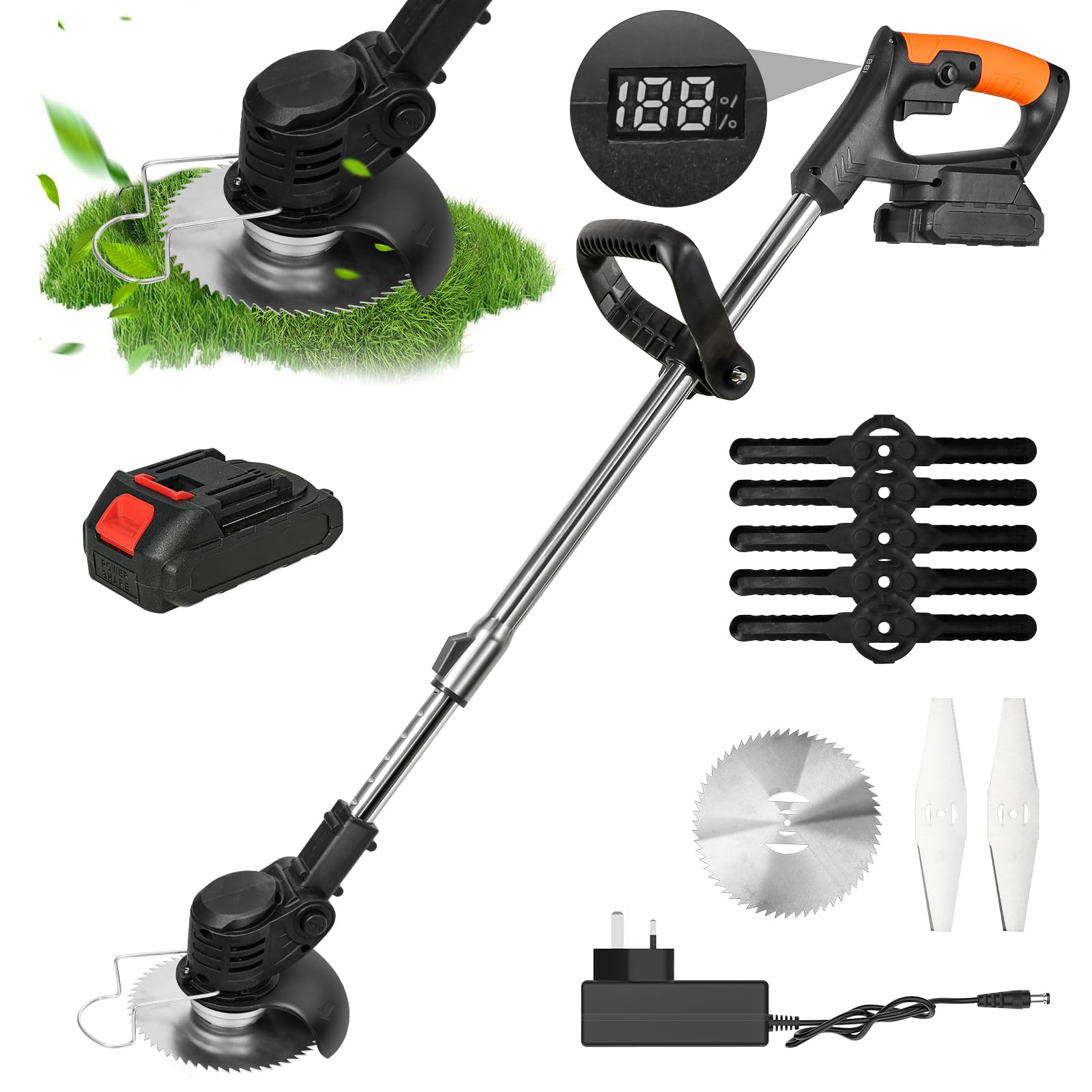 Tosaerba elettrico a batteria, tosaerba portatile 24 V con schermo LED, tosaerba senza fili, barra regolabile, 8 accessori, per una falciatura rapida del giardino (1 batteria)