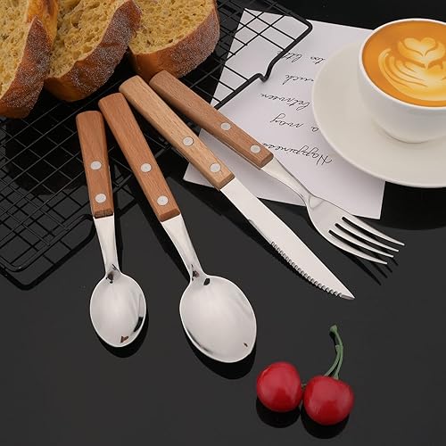Miniatura 8 de JASHII Juego de cubiertos con mango de madera, servicio para 6, 24 piezas SUS304 de acero inoxidable con mango de madera marrón, pulido con espejo,