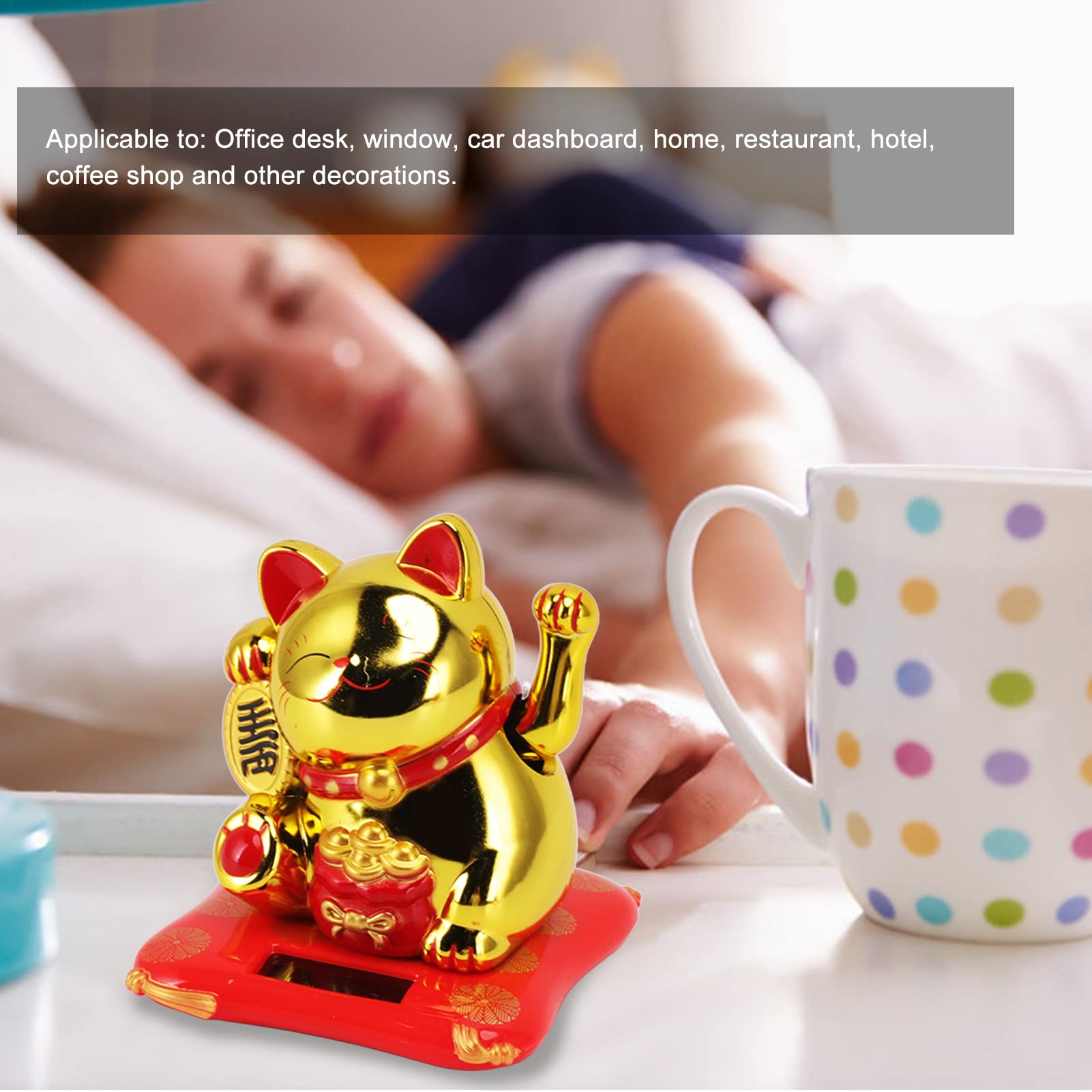 Solar Powered Lucky Waving Cat, Chiński Wealth Lucky Cat Waving Arm Solar Fortune Cat Statue, Beckoning Waving Arm Fortune Lucky Cat for Decorating Front Desk Car Business Opening (Złota Torba Błogosławieństwa)