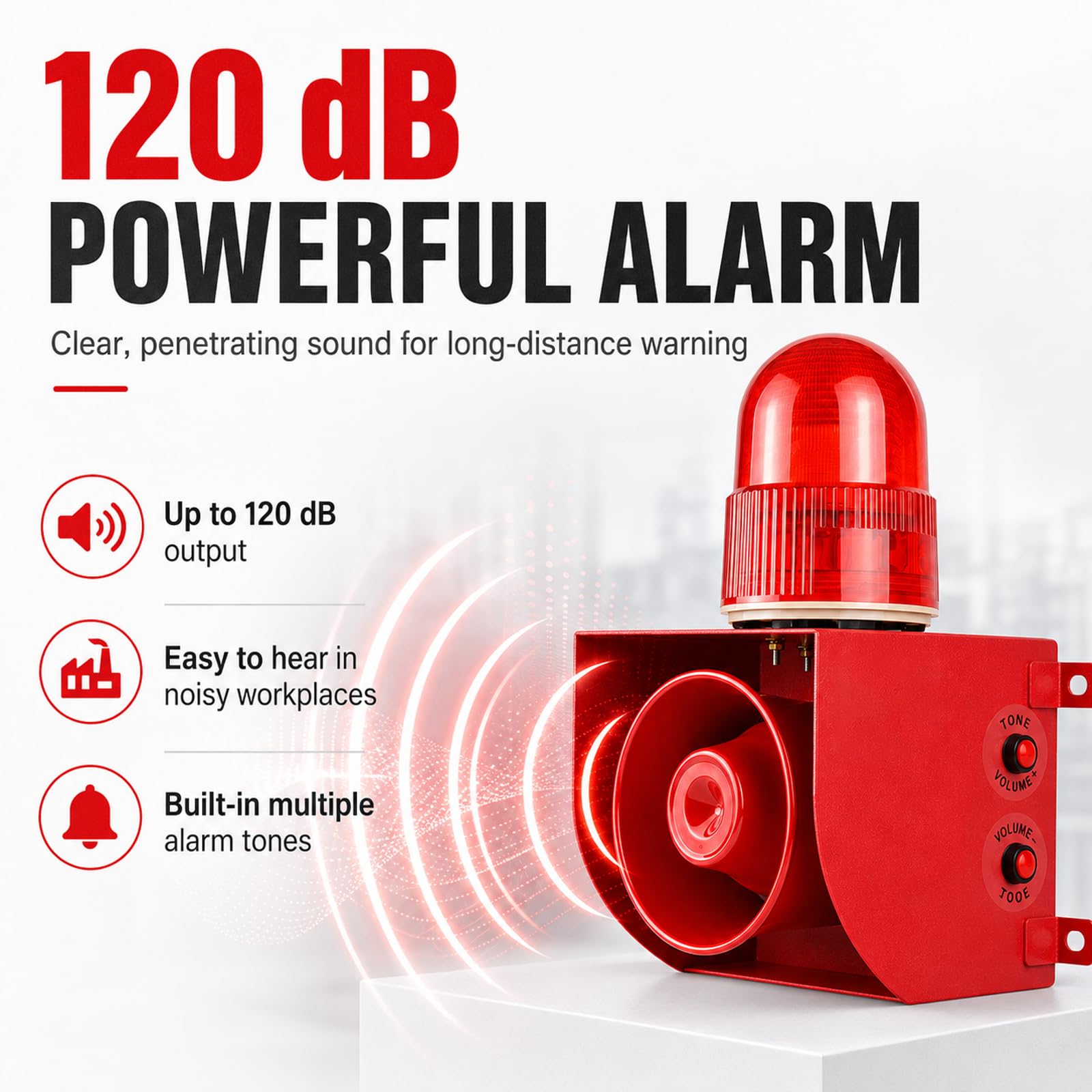 Sirena Industrial Con Alarma Exterior, 120dB Con Bocina De Aluminio DC24V | Cuentas LED Antivibración, Cubierta De Lámpara PS, Carcasa De Acero, 9 Tonos, Reemplazo De Voz USB, Montaje En Pared