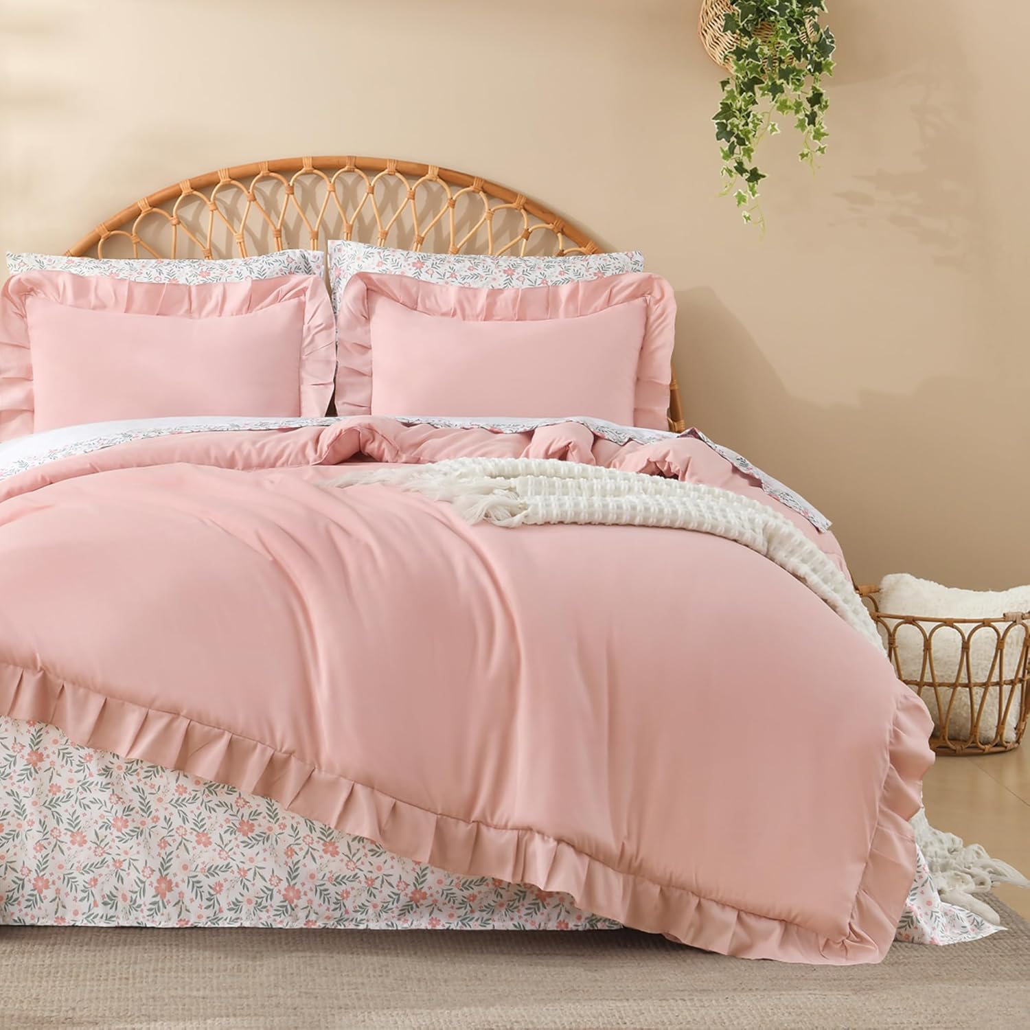 Litanika Queen Size Comforter Sets - 7 Pieces Ruffle Blush Pink Bed in a Bag, Soft Farmhouse Bedding Sets with Ruffled Comforter, Floral Sheets, Pillowcases & Shams