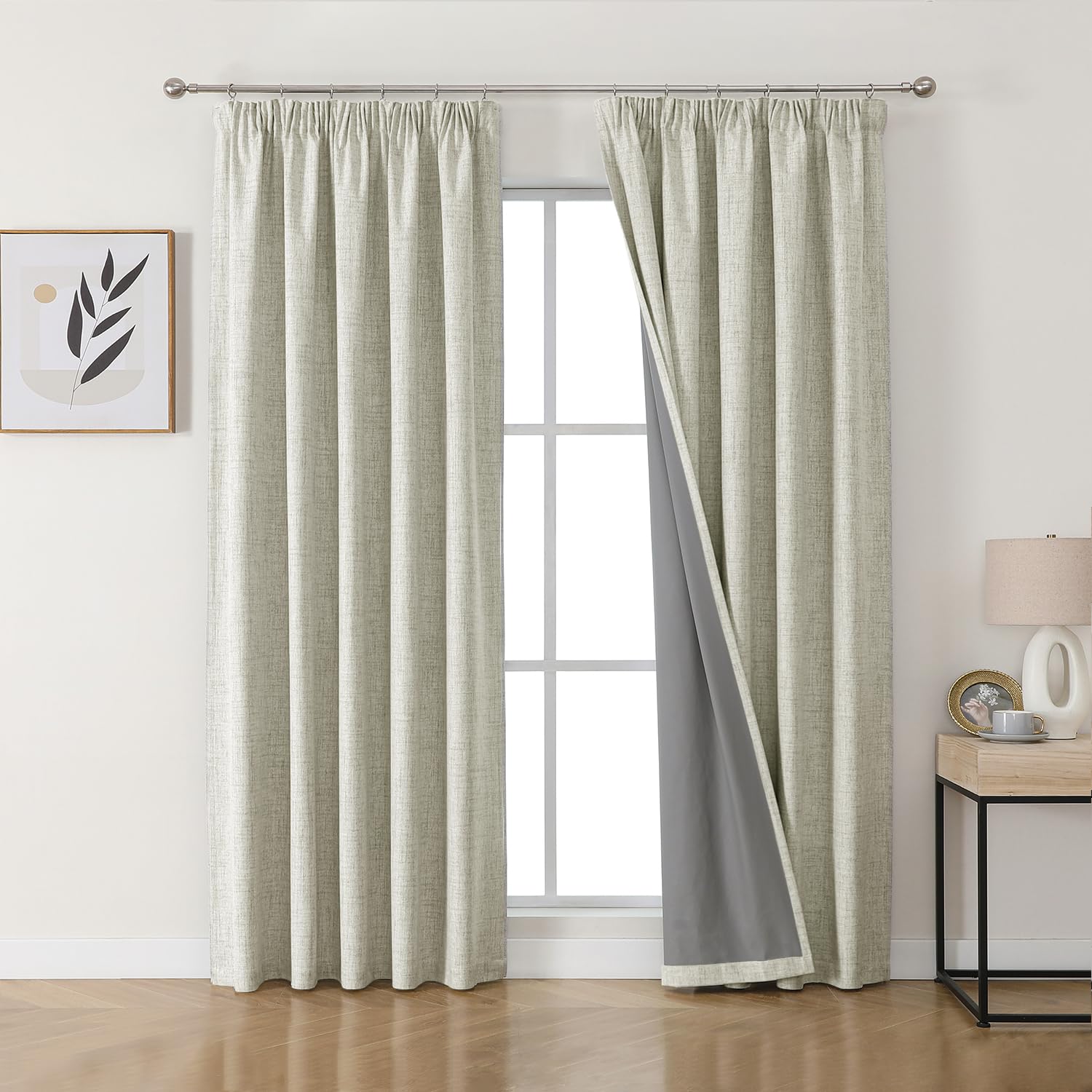 Joydeco 100% Blackout Curtains Bedroom 55 x 88 Inch Drop, Faux Linen Pencil Pleat Thermal Insulated Drapes with Coating Back Layers for Room Darkening Privacy Protection, 2 Panels, Light Beige