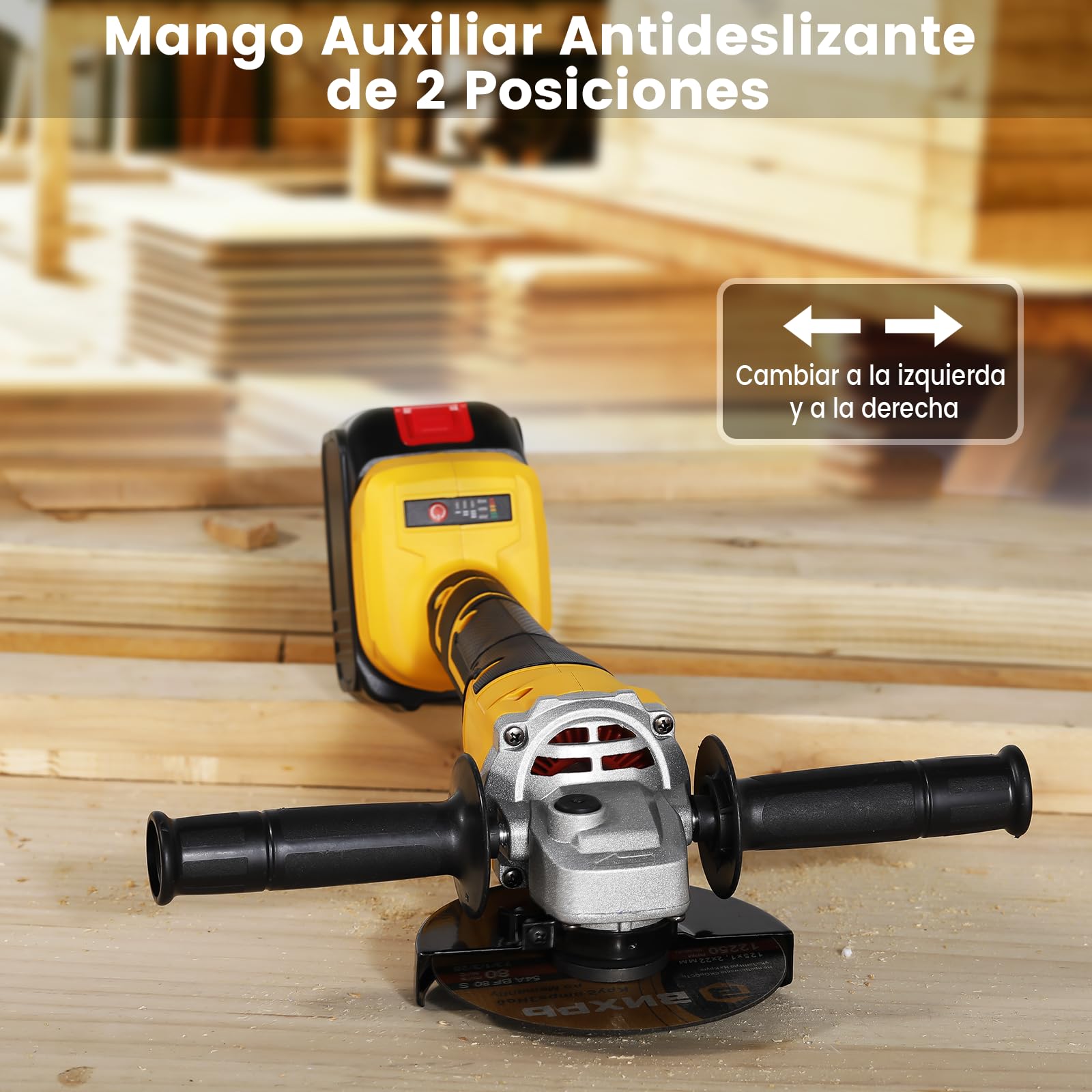 Geevorks Amoladora Angular de Batería de 125mm,21V Amoladora Angular sin Cable,9000rpm Motor Sin Escobillas, 4 Velocidades Regulables,2 Baterías,Empuñadura Auxiliar para Cortar, Moler