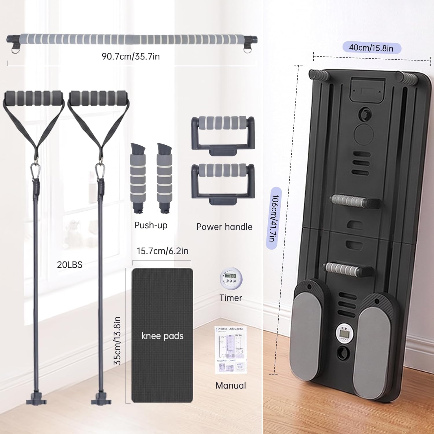 Pilates Board Für Zuhause(inkl. 5er-Set Widerstandsbänder) Faltbares Multifunktionales Reformer Board, Extra Stabile Konstruktion Mit Automatischem Rückprall, für Kern- und Bauchmuskeltraining