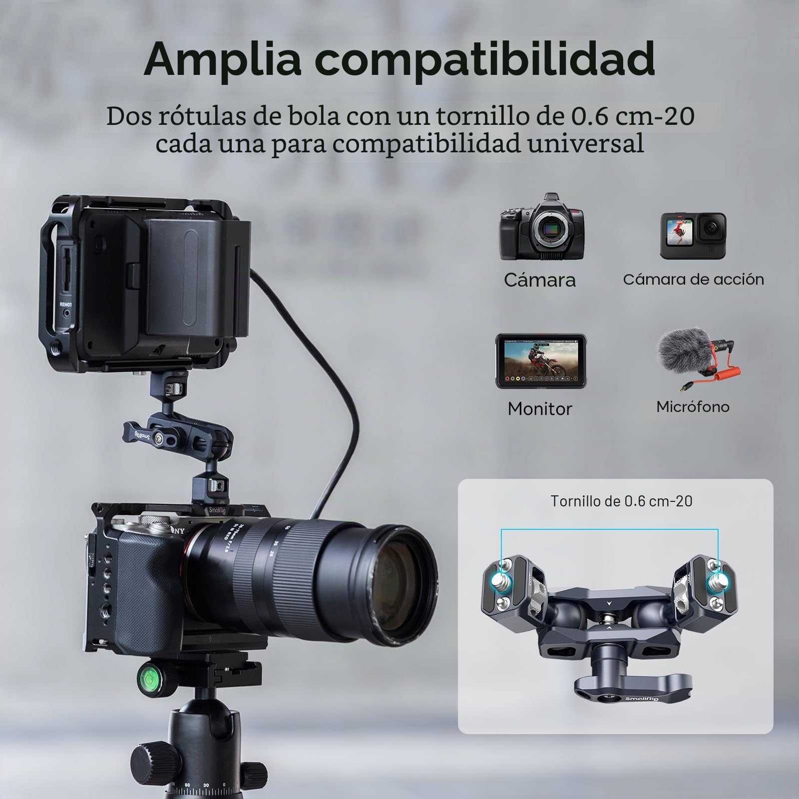 SMALLRIG Brazo Mágico de Dos Cabezas Esféricas con Tornillos de 1/4"-20, Carga Máxima de 6 kg, Solo 88g, Hecho de Aleación de Aluminio y Acero Inoxidable - 3873