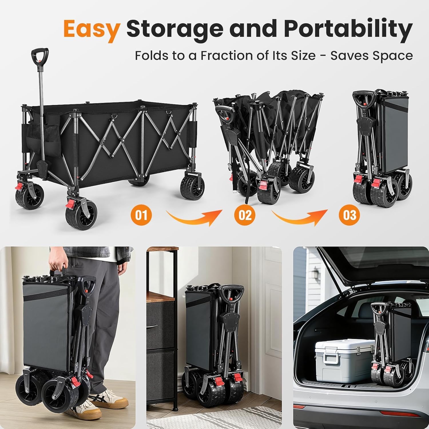 YEAUPE PRO Carrello pieghevole in 4 direzioni con apertura laterale, portata 185 l, 150 kg, pieghevole, con freno di stazionamento e manico regolabile in altezza, per spiaggia, campeggio, giardino