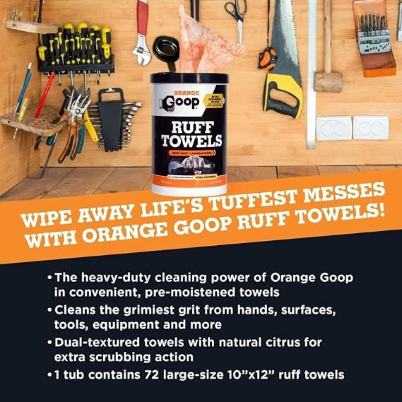 GOOP Orange Heavy Duty Ruff Towels with Scrubbing Power, 10 x 12 Dual Textured Multi-Purpose Cleaning Wipes, Removes Dirt, Grease, Oil, 72 Count (Pack of 2)
