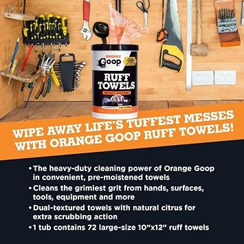 GOOP Orange Heavy Duty Ruff Towels with Scrubbing Power, 10 x 12 Dual Textured Multi-Purpose Cleaning Wipes, Removes Dirt, Grease, Oil, 72 Count (Pack of 2)