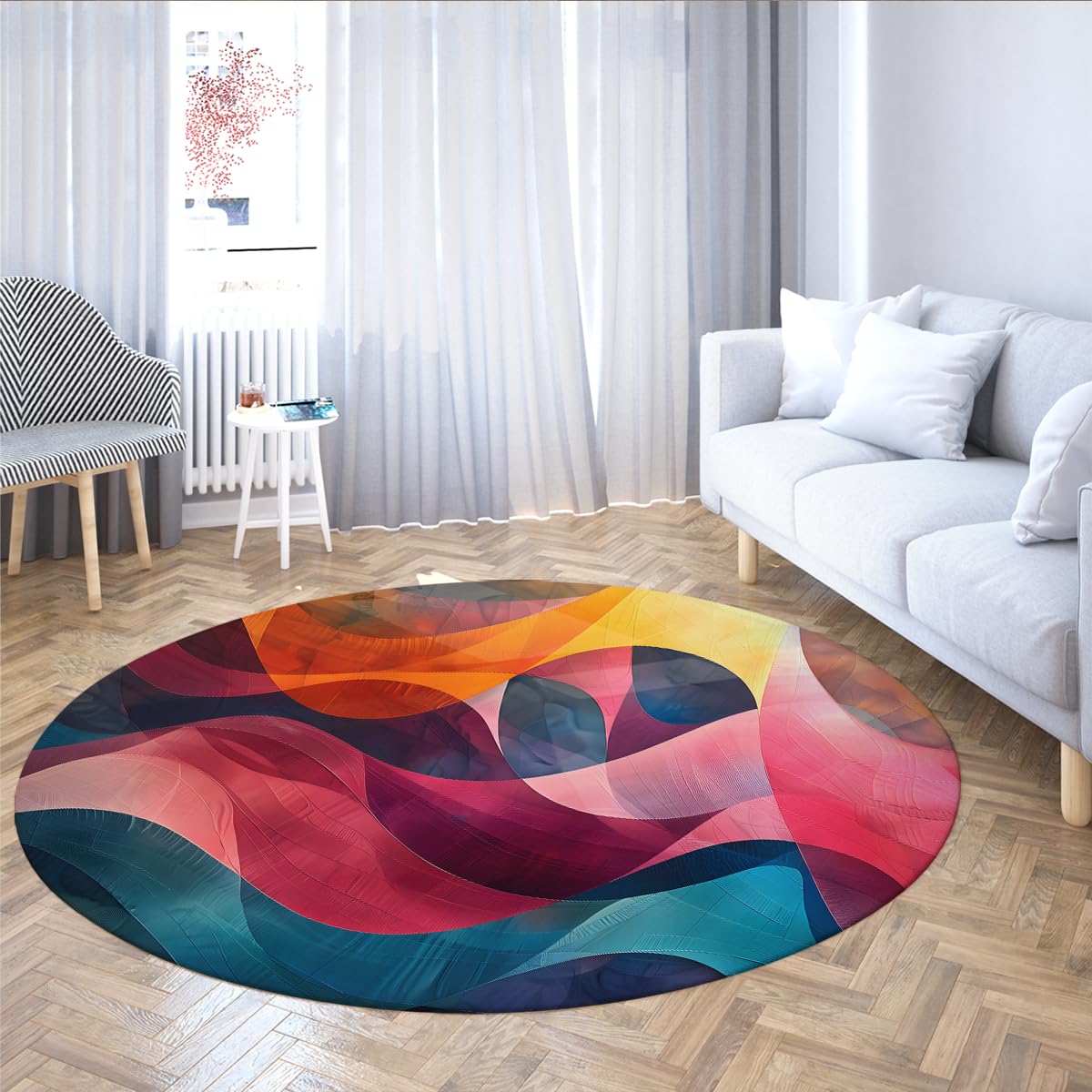 Tapis Rond Abstrait pour Chambre 200cm Tapis Circulaire Fausse Laine Douce Courbe colorée bohème Lavable Poil Bas pour Salon canapé Chambre Enfant