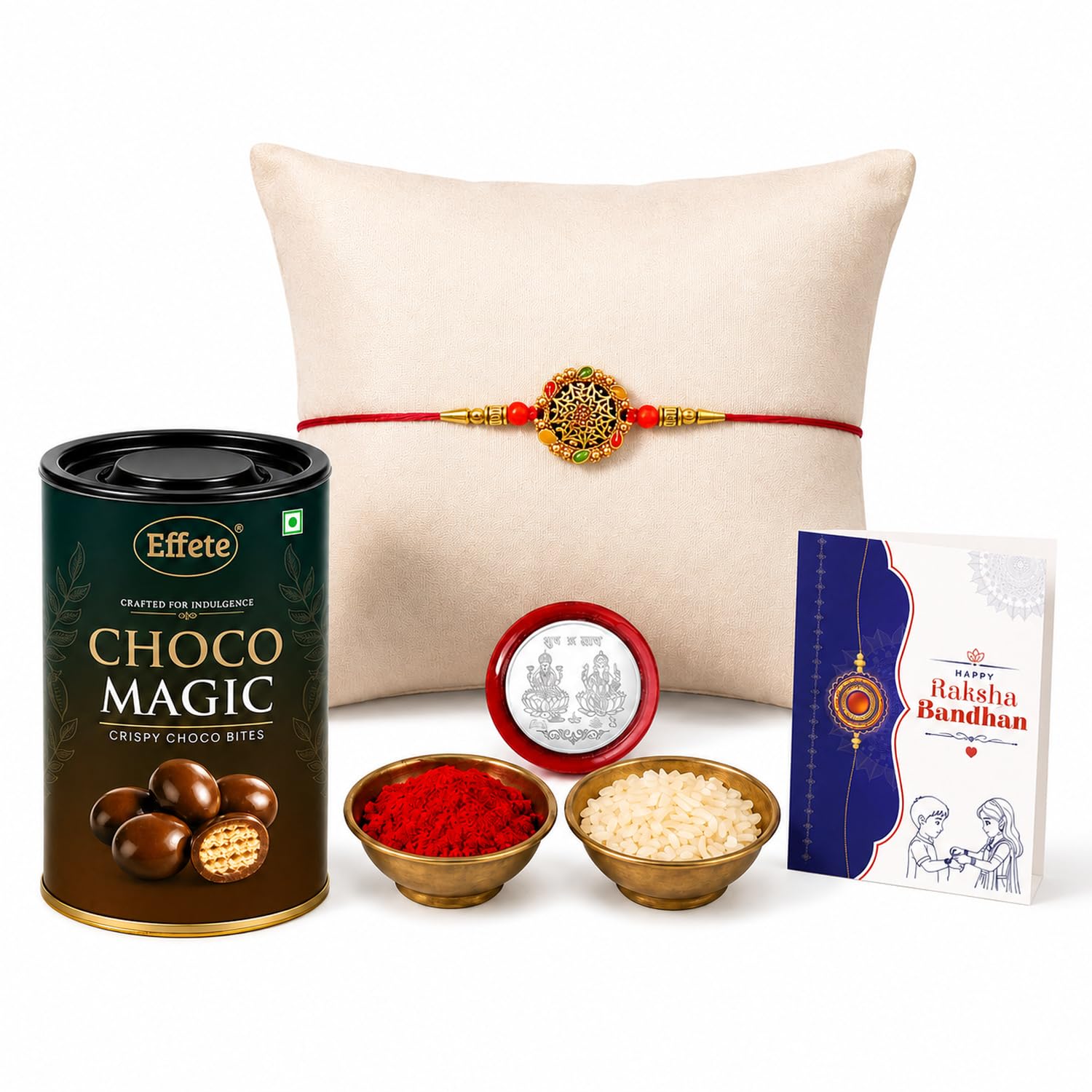 DeoDap Designer Round Rakhi with Rangoli Pattern for Brother, Choco Magic Chocolate 96gm, Pooja Coin, Roli Chawal & Card | Rakhi with Chocolate Combo for Raksha Bandhan