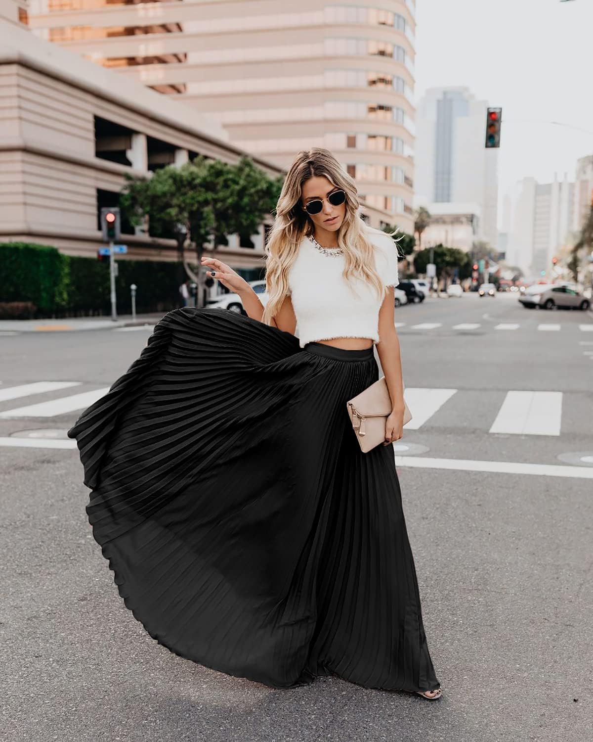 utcoco Women's Elegant Maxi Skirt High Waisted Pleated Chiffon Long Skirts for Women - Image 5