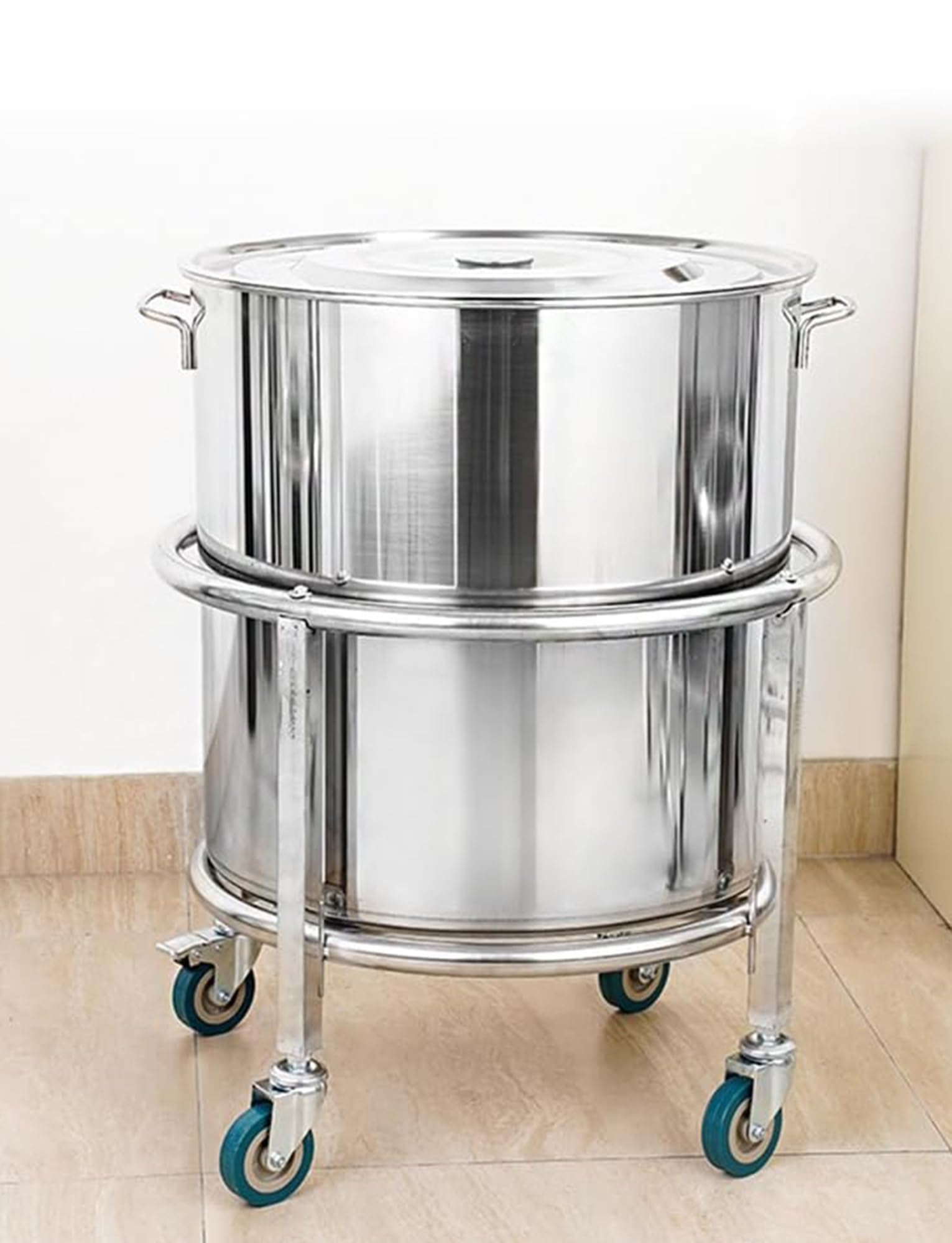 DFGHNBVC Heavy Duty Stainless Steel Stock Pot Rack Commercial Soup Pot Cart With Wheels, For Move Storage Barrels, Milk Bucket,Silver-50Cm/19.7In