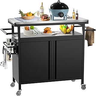 Outdoor Grill Cart Bar Cart with Storage Cabinet for Grilling Accessories, XL Portable Outdoor Grill Table with Stainless Steel Top for Kitchen Prep, Lawn & Garden(Black)