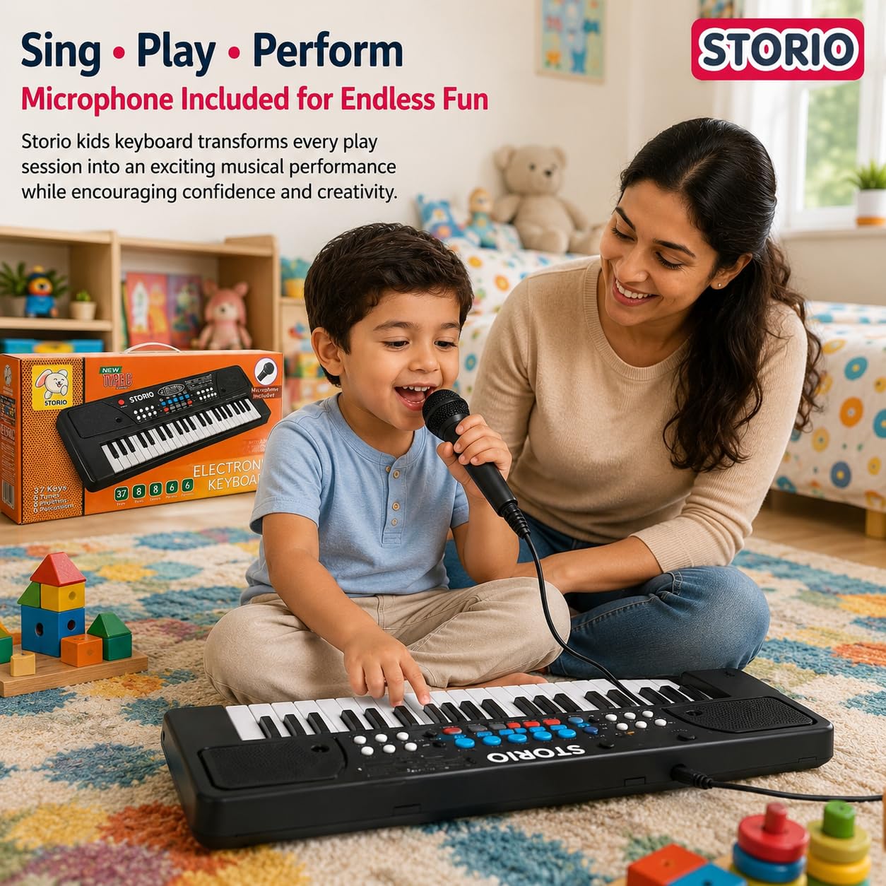 Storio Kids Piano Keyboard with Mic | 37 Keys, 8 Rhythms, 8 Tones & 6 Demo Songs | Electronic Musical Toy for Boys & Girls Age 2-5 | Educational & Recording Keyboard for Beginners — Amazon image 3