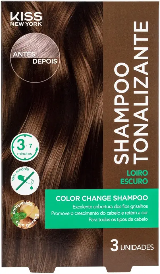 Shampoo Tonalizante Kiss New York, 3 Unidadesde x 30ml, Cobertura de Fios Grisalhos, Coloração Sem Amônia, Cor Loiro Escuro