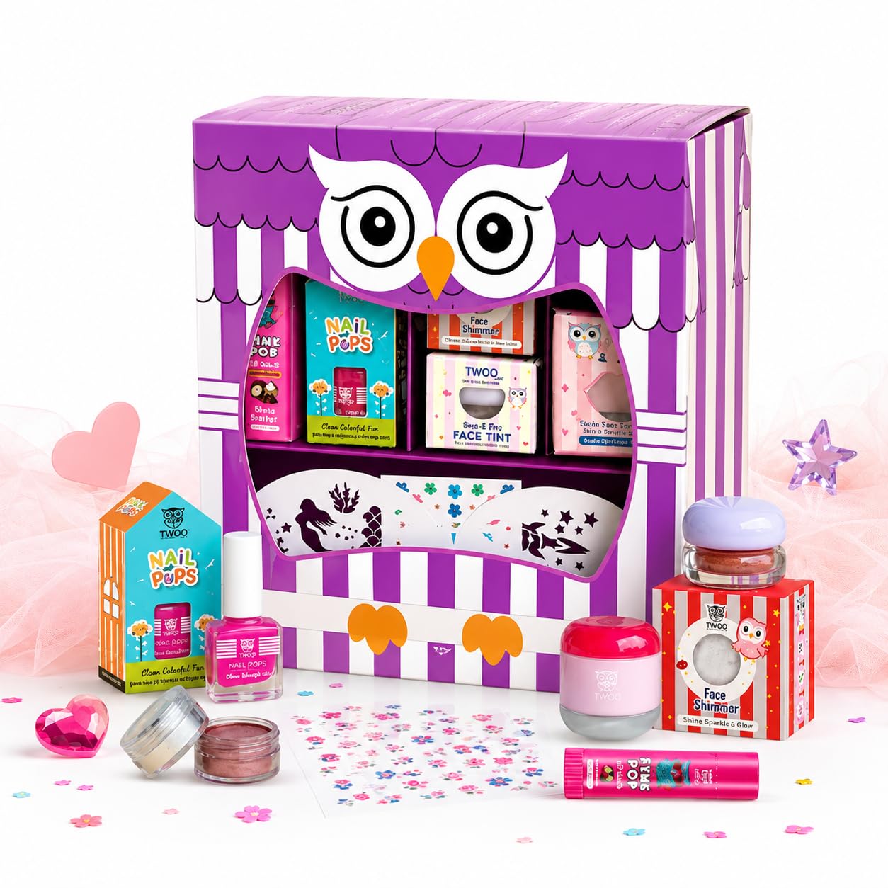 TWOO Kids Makeup Kit for Girls 3+ | Purple Owl Magic Box | Kids Play Makeup Set with Lip Balm, Lip Gloss, Nail Polish, Face Tint, Face Shimmer, Nail Stickers & Stencils | Gift Set for Girls-image-4