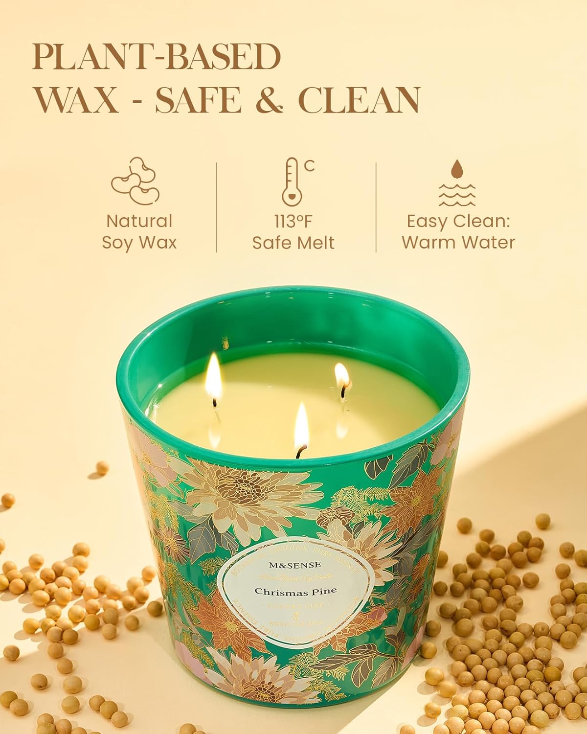 M&SENSE Christmas Pine Scented Candle, 28.2oz 3 Wick Natural Soy Wax Large Candles, Long Lasting Clean Slow Burning No Toxic Décor for Women Men, Romantic Dates & Gift-Giving - Image 4