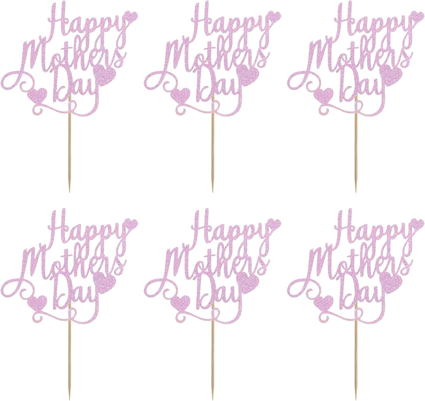 JANOU 8pcs Happy Mother's Day Pink Glitter Cake Toppers Picks Cake Decoration for Birthday Mother's Day Party Favors