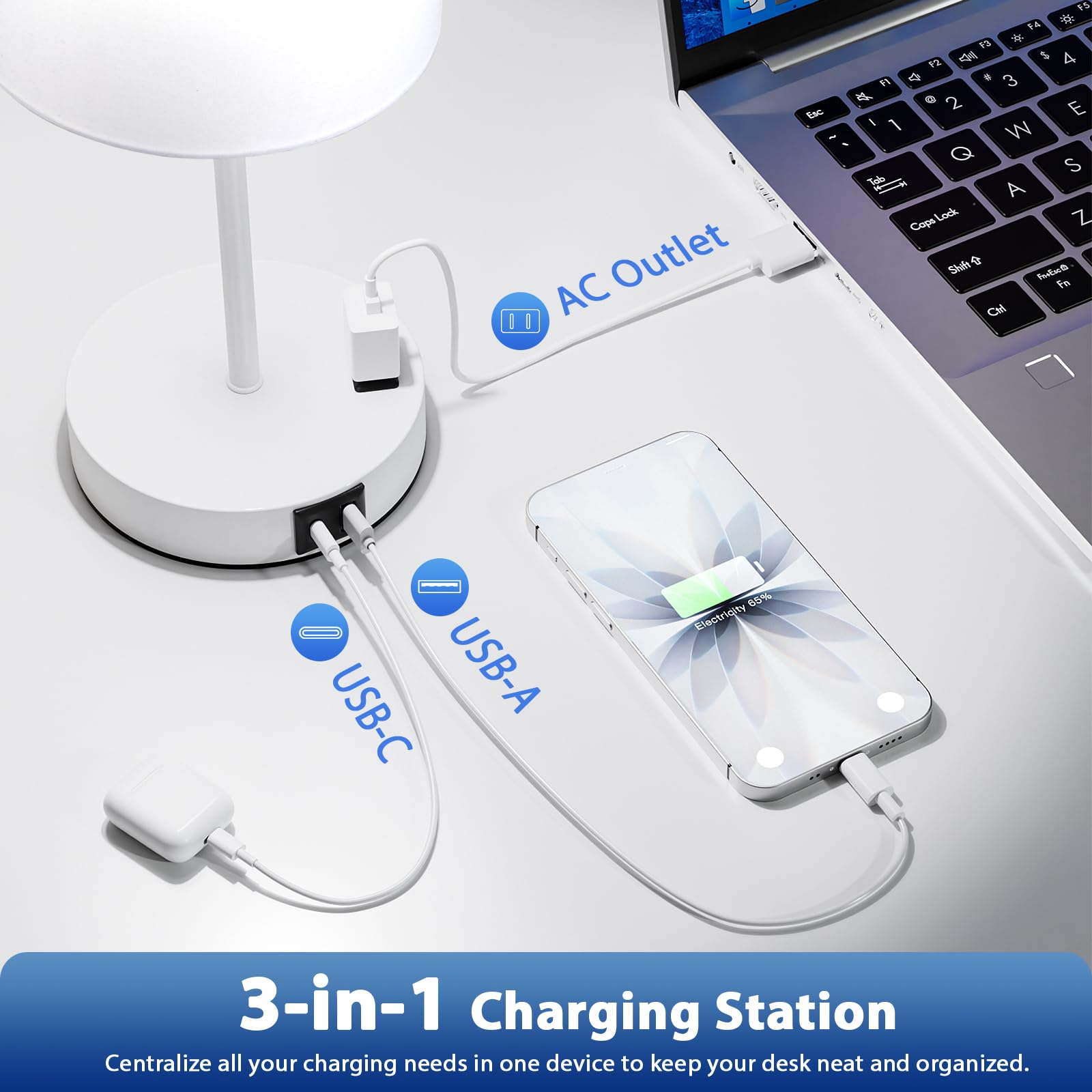 White Touch Lampen für Nachttisch 2er Set - Nachttischlampe für Schlafzimmer mit Dual-USB-Anschlüssen & AC-Steckdose, 3-Wege-Dimmbare Lampen für Wohnzimmer Jungenzimmer, Nachtlicht mit 5000K