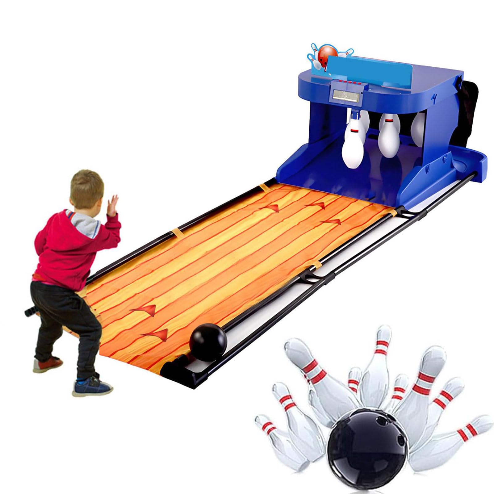 Bowling Alley - Mini juego eléctrico con marcador LED, reinicio automático de pines, efectos de sonido y luz, juego familiar para interiores
