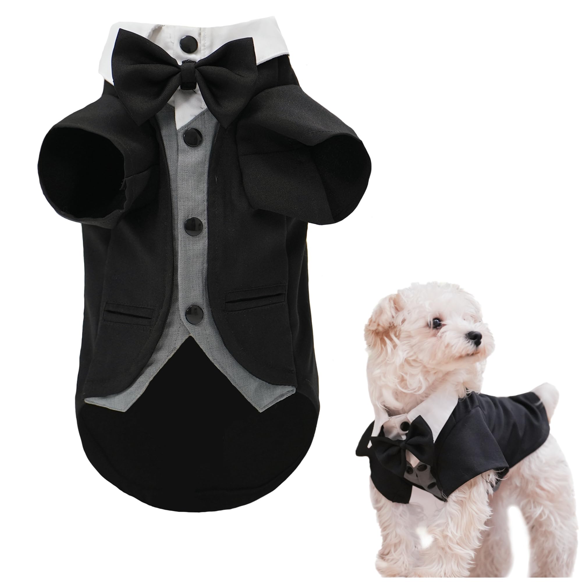 Dog Tuxedo Suit, Formal Dog Shirt with Bow Tie, Wedding Outfit Tux Attire for Puppy Small Medium Dogs Cats Costume (BW Suit, Large)
