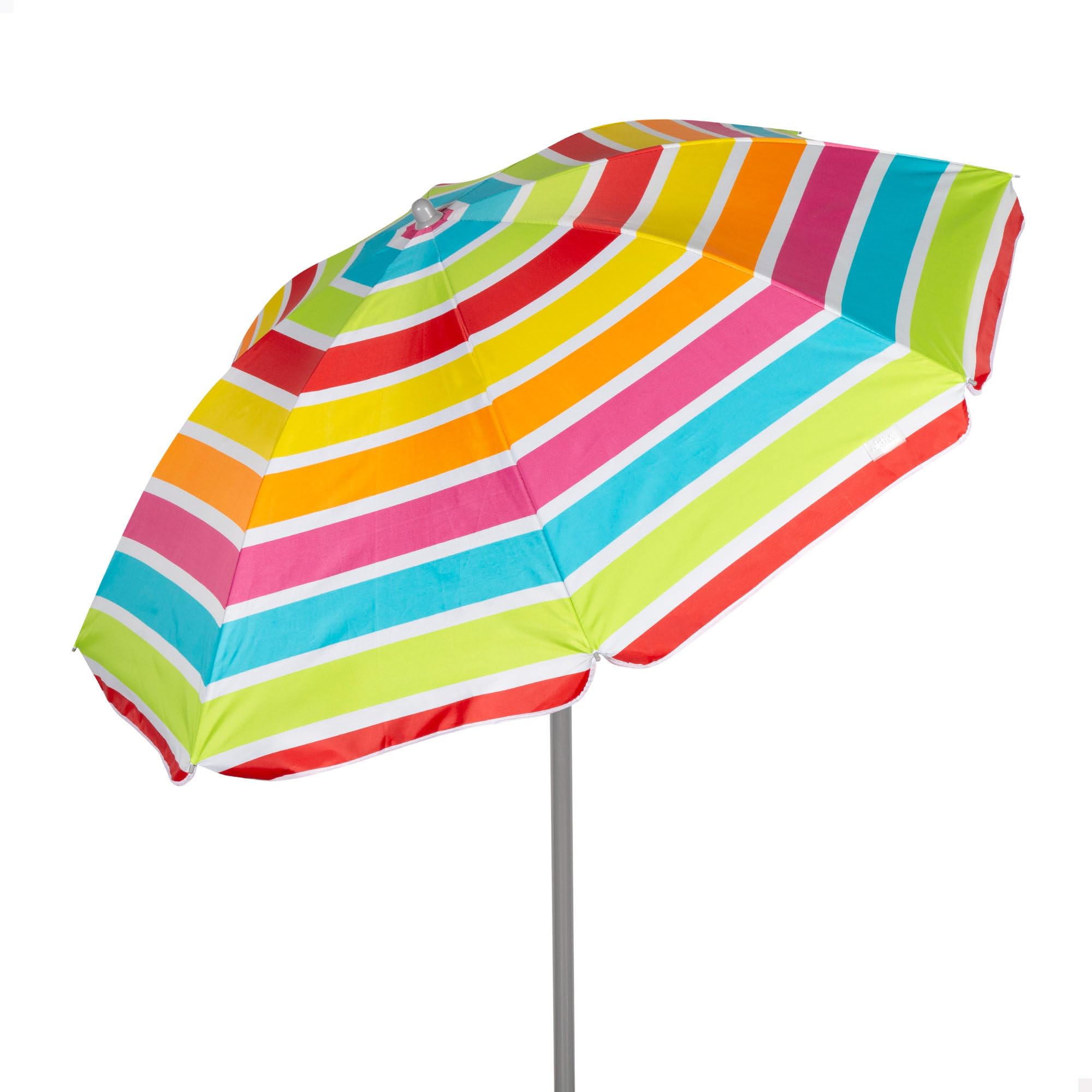 AKTIVE 62360 Parasol plażowy, ochrona UV50, nachylona i regulowana wysokość, stalowy maszt, tkanina poliestrowa Oxford, 8 żeberek, w zestawie pokrowiec z uchwytem, 160 cm, wielokolorowe paski, Żółty,