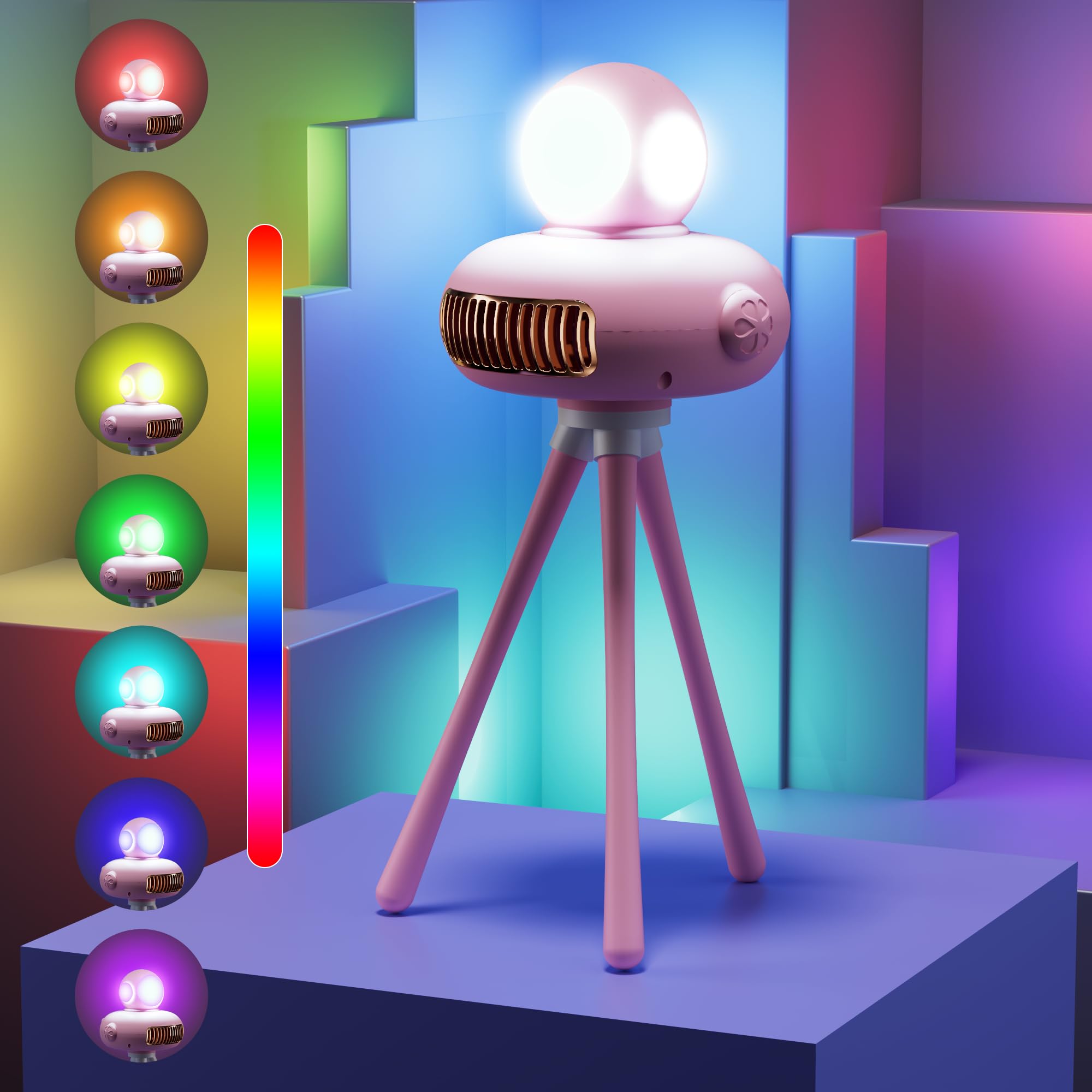 Reifeiniwei RGB Colorful LED Night Lights for Baby Kids, Portable Outdoor White Flashlight Road Lighting, 7-Color Adjustable Bedroom Atmosphere Night Lights,Stroller Clip Fans, 3 Brightness - Pink