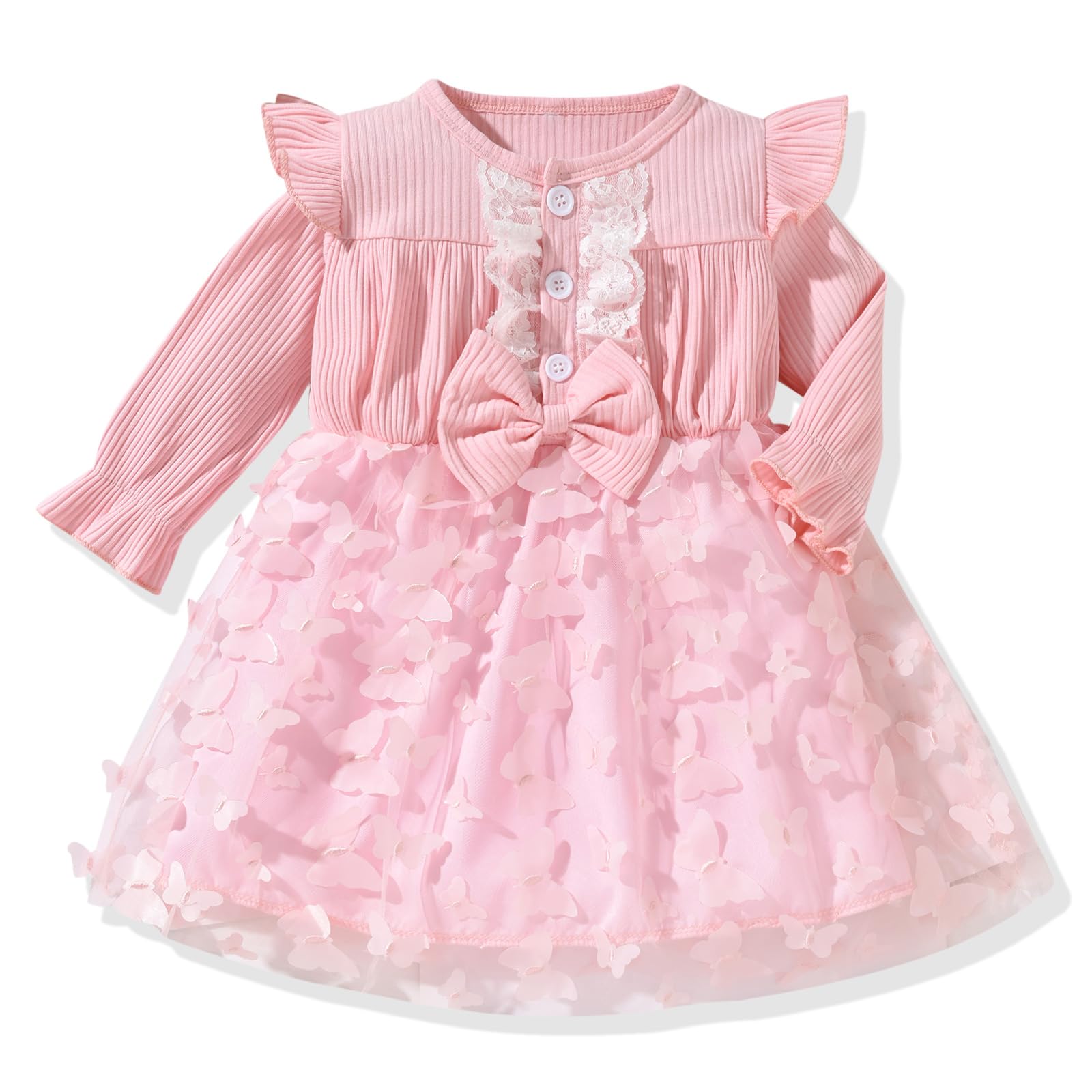 MINIFEIKOToddler Baby Girl Denim Bowknot Dress Ruffled Button Dresses Outfit