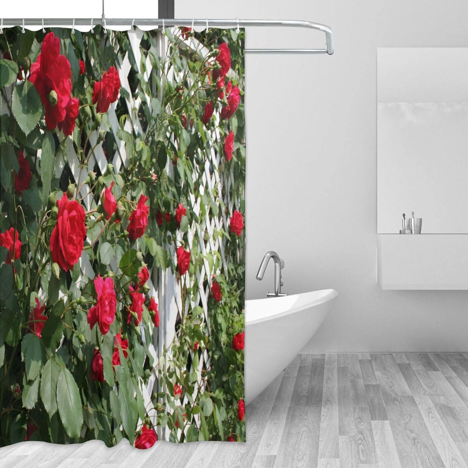 YUAOEUR 3D Garden Shower Curtain 60x72 Inch Red Rose Flower And Green Leaf Picture Outdoor Garden Green Trees Bathroom Personalized Decor Fabric with Hook - Image 2