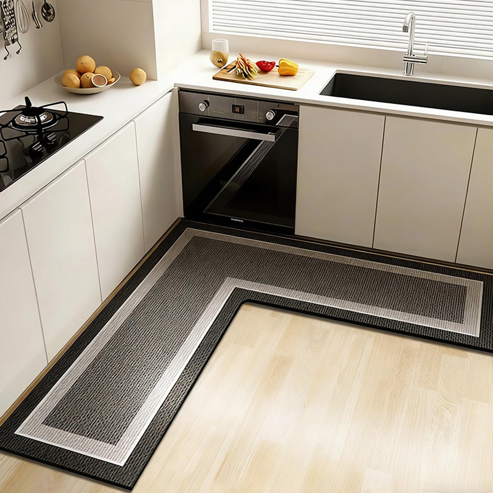 Jyswx L-Shaped Kitchen Rug Mat - Non Slip Diatomite Kitchen Floor Mat - Quick Dry Absorbent Corner Kitchen Runner for Sink Area, Bathroom, Laundry Room & Hallway, Washable, Blackgrey, 100x100x35cm