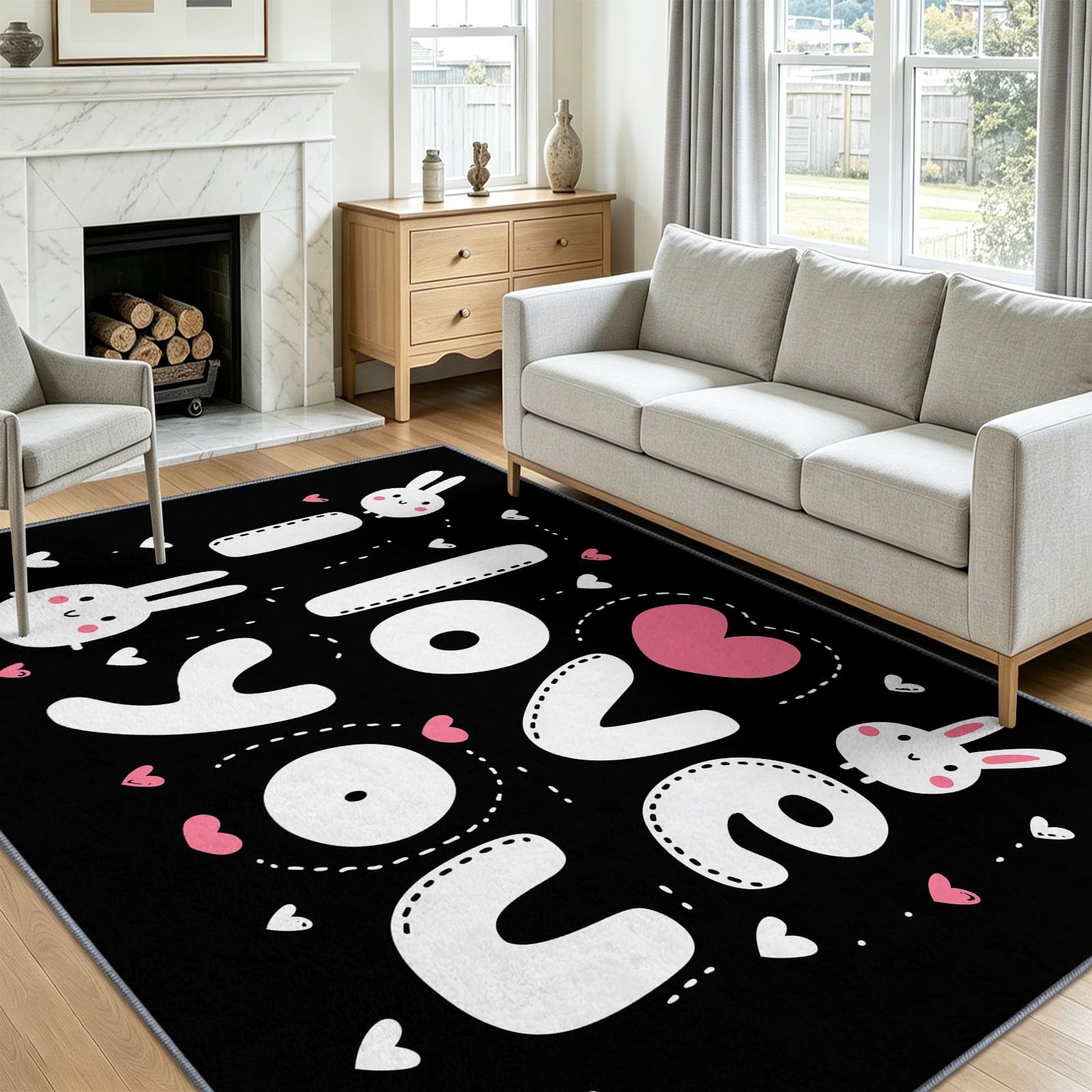 Tappeto lavabile, 80 x 150 cm, con coniglietto bianco, cuore, amore, per cameretta dei bambini, antiscivolo, a pelo corto, facile da pulire, per soggiorno, camera da letto, corridoio, cucina