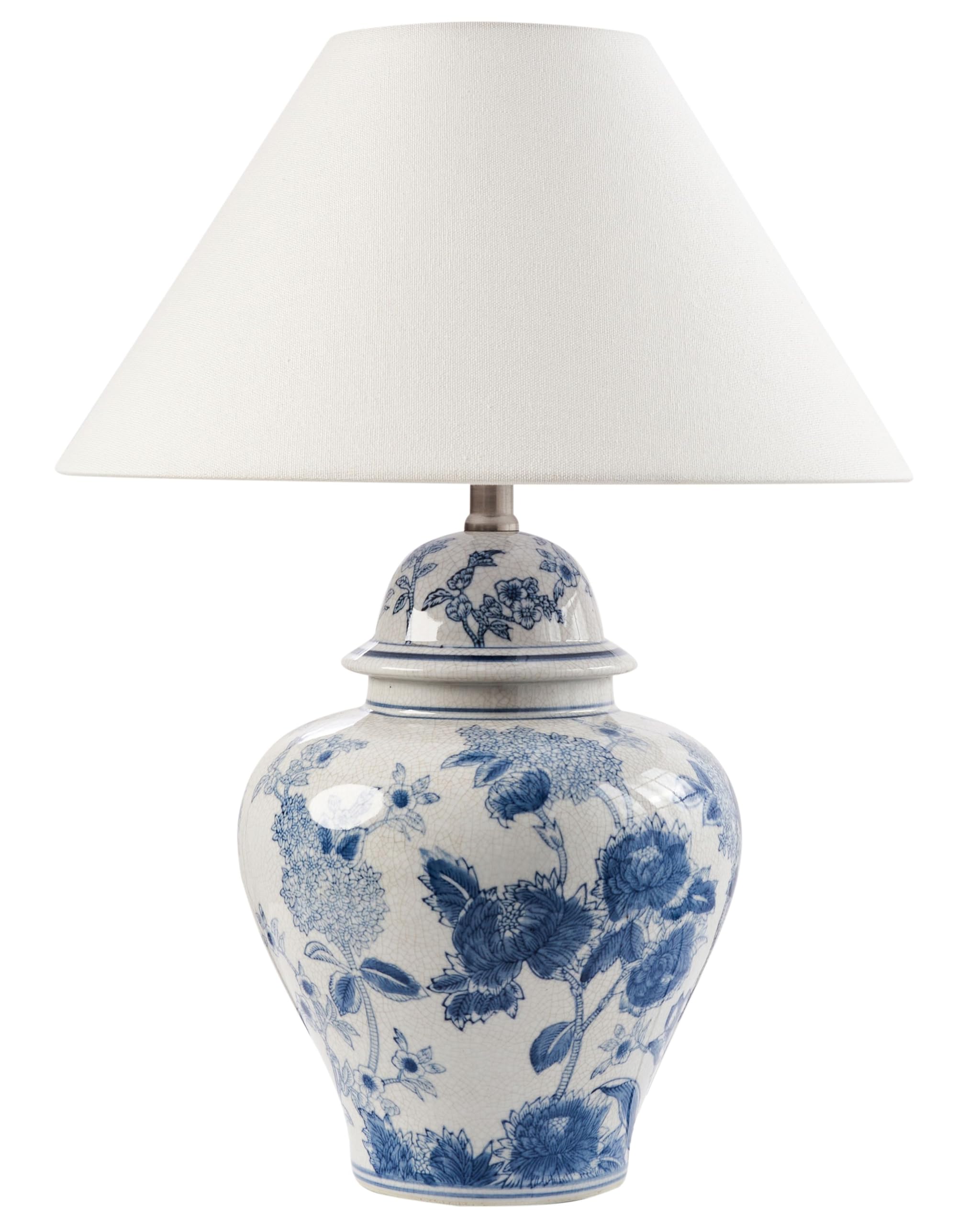Beliani Elegante lampada da tavolo con base in porcellana Patten floreale Paralume a campana in lino Illuminazione bianco e blu