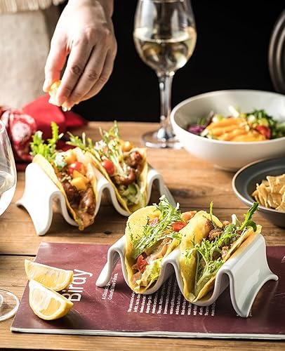 Miniatura 10 de Juego de 2 soportes para tacos, bandeja grande de porcelana para tacos con asas, platos reutilizables y apilables, perfectos para burritos y