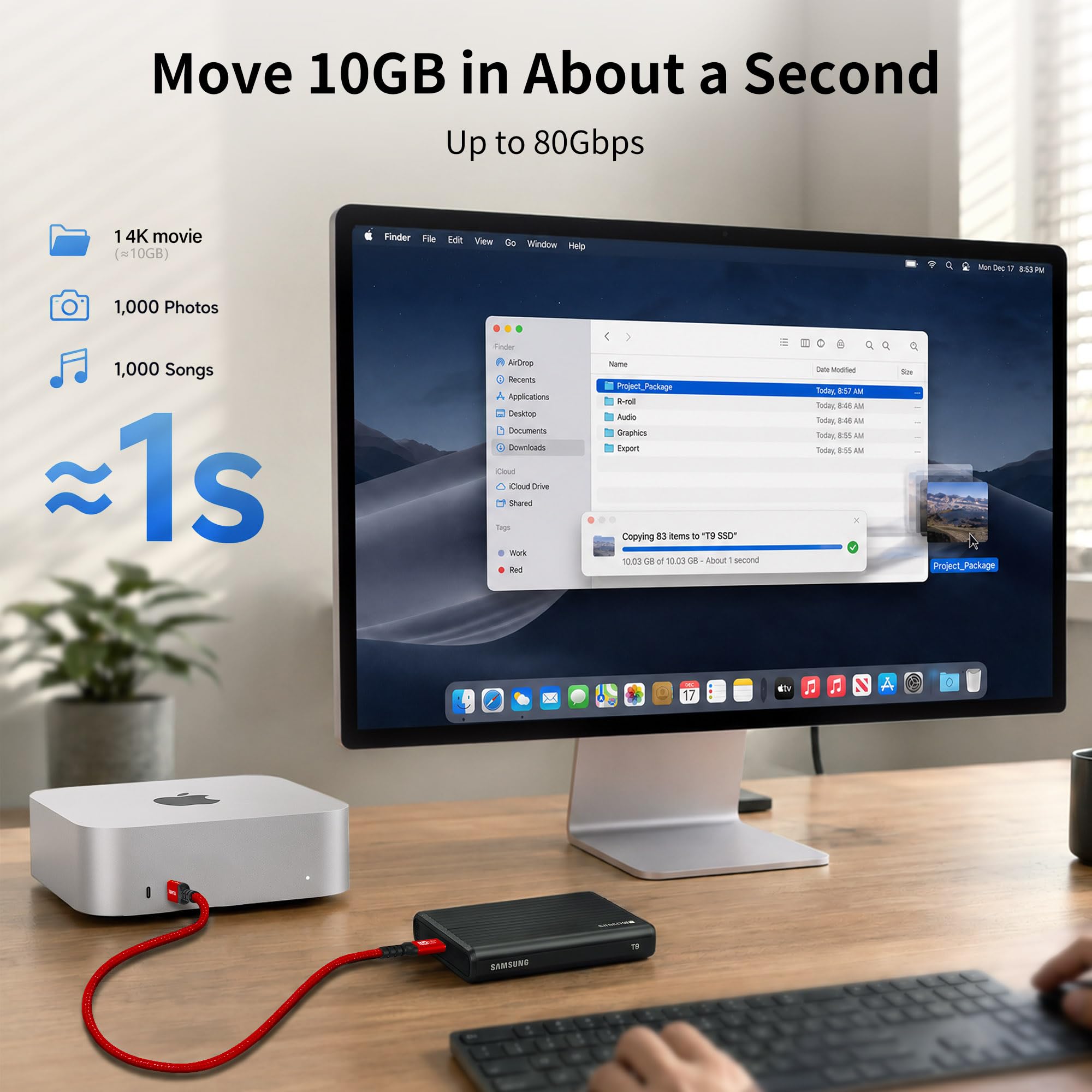 Transfert de données haute vitesse 80 Gbit/s pour câble Thunderbolt 5 rouge, bande passante vidéo 120 Gbit/s [double 8K ou triple 4K], charge 240 W, câble de moniteur USB C pour MacBook, iPhone 17