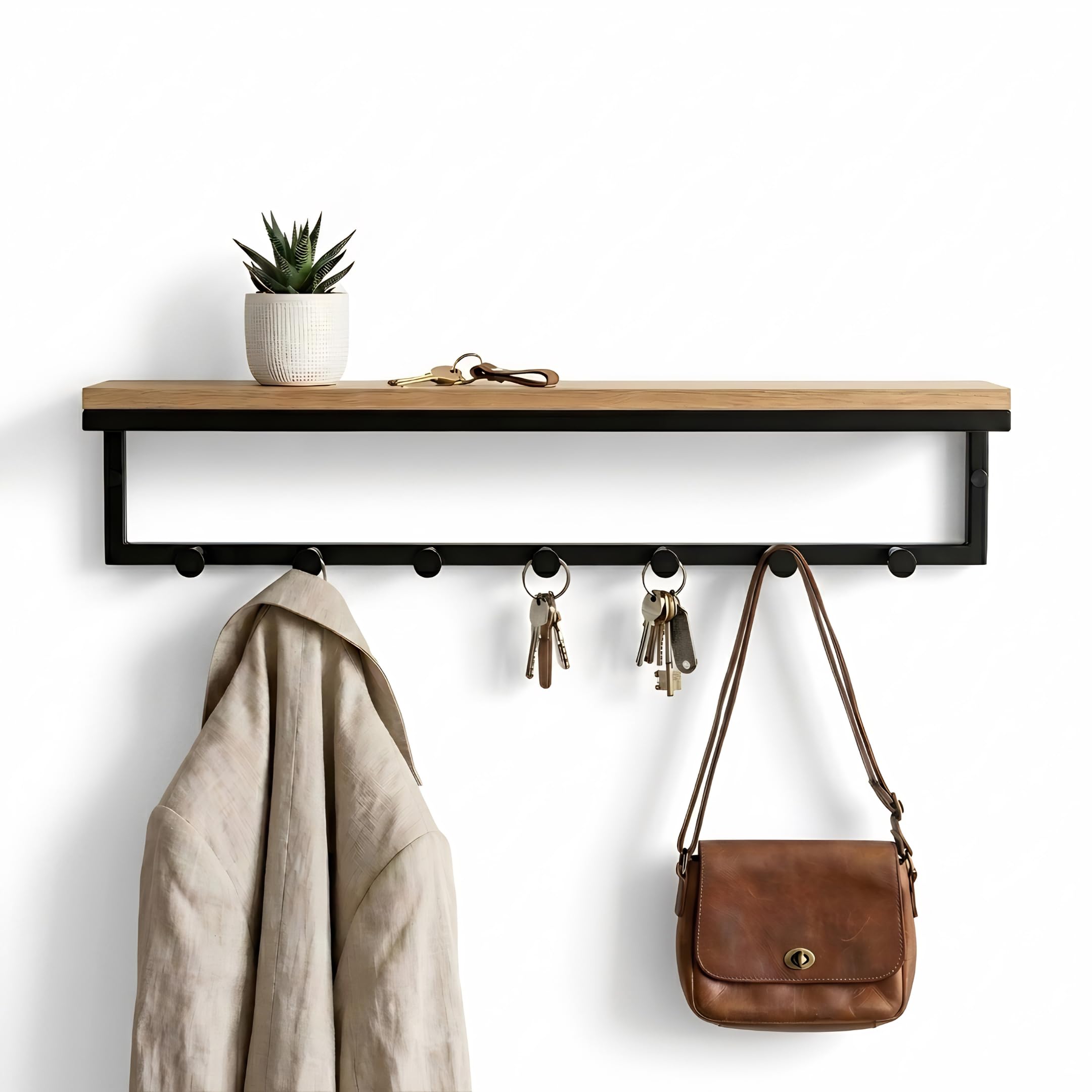 Wandgarderobe mit Ablage 60 cm – 7 Haken Schwarz – Flurgarderobe Metall & Eichendekor – Garderobenleiste Wand – Hakenleiste Schlüsselbrett flur möbel