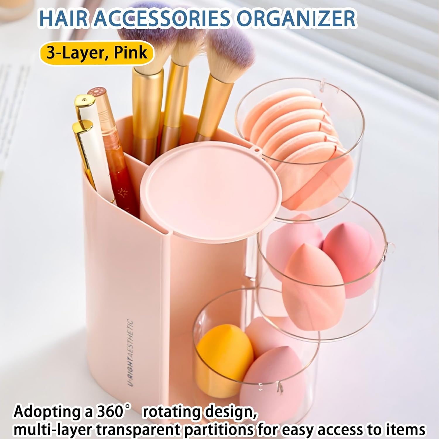 Hair Accessories Organizer with Hair Brush Holder, Rotatable Makeup Brush Holder for Necklaces, Earring, Bracelet, Ring, Makeup Brushes, Hair Clip and Hair Accessories (Pink, 3-Layer) - Image 3
